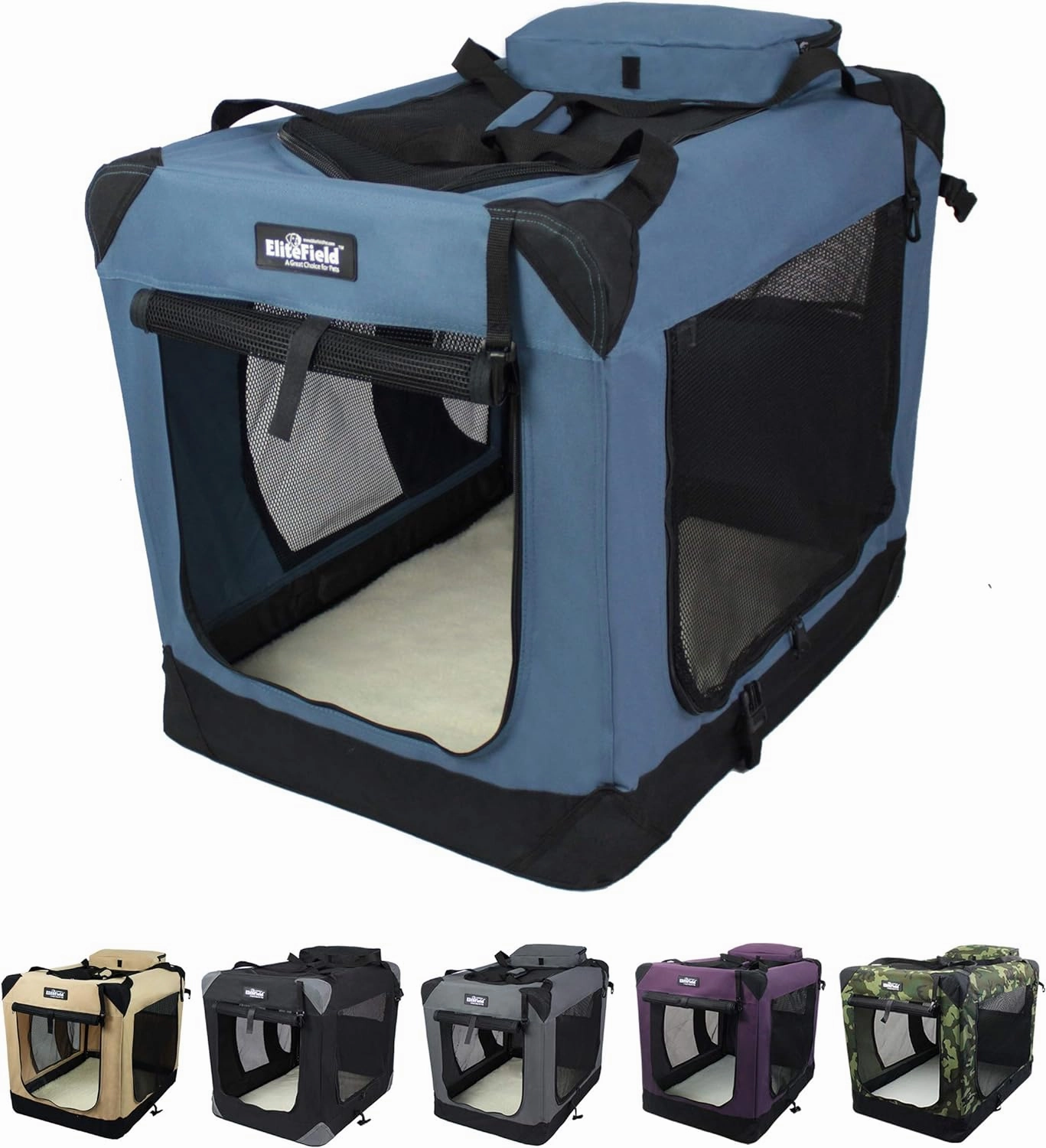 EliteField 3-Door Folding Soft Dog Crate with Carrying Bag and Fleece Bed (2 Year Warranty), Indoor & Outdoor Pet Home (24" L x 18" W x 21" H, Blue Gray)