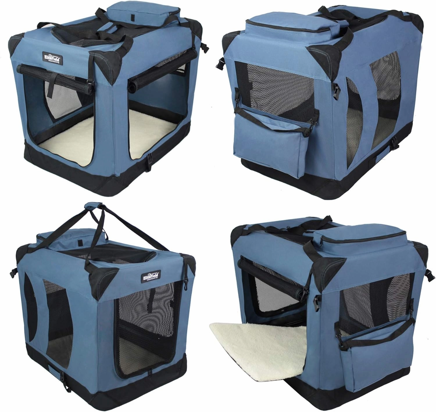 EliteField 3-Door Folding Soft Dog Crate with Carrying Bag and Fleece Bed (2 Year Warranty), Indoor & Outdoor Pet Home (24" L x 18" W x 21" H, Blue Gray)