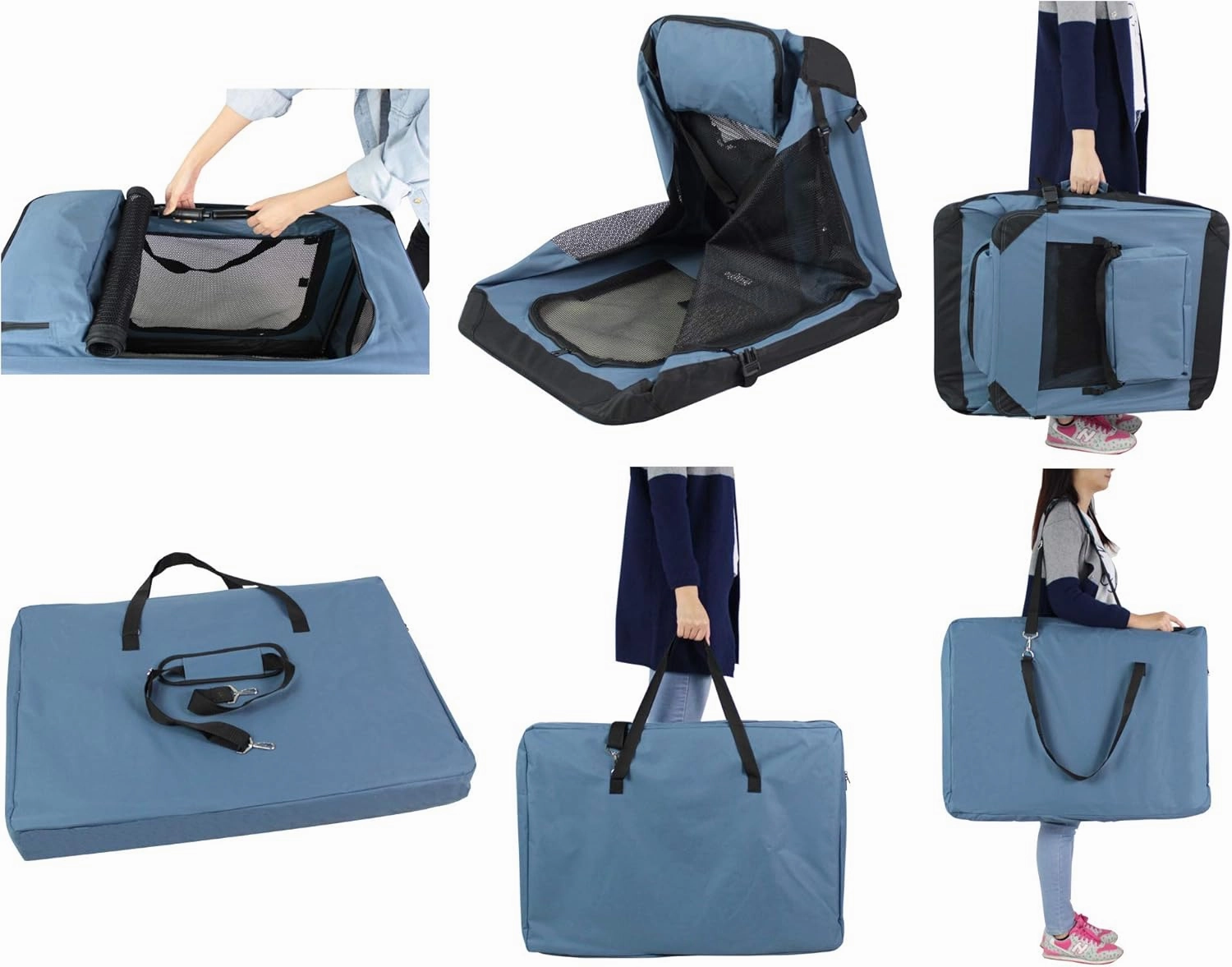 EliteField 3-Door Folding Soft Dog Crate with Carrying Bag and Fleece Bed (2 Year Warranty), Indoor & Outdoor Pet Home (24" L x 18" W x 21" H, Blue Gray)