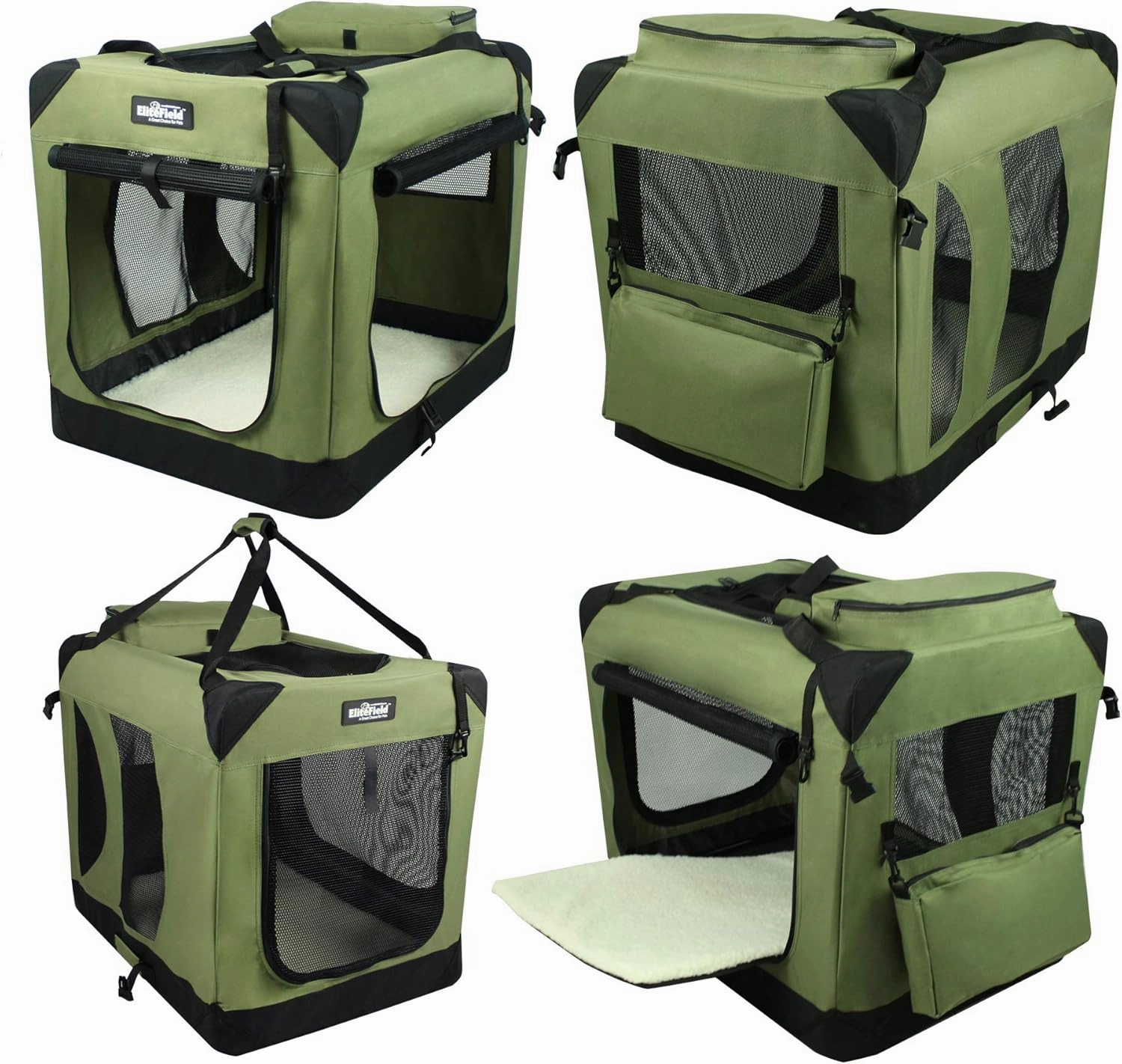EliteField 3-Door Folding Soft Dog Crate with Carrying Bag and Fleece Bed (2 Year Warranty), Indoor & Outdoor Pet Home (42" L x 28" W x 32" H, Sage Green)