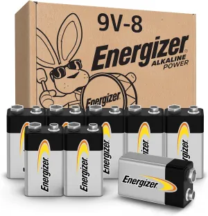 Energizer Alkaline Power 9 Volt Batteries (8 Pack), Long-Lasting Alkaline 9V Batteries
