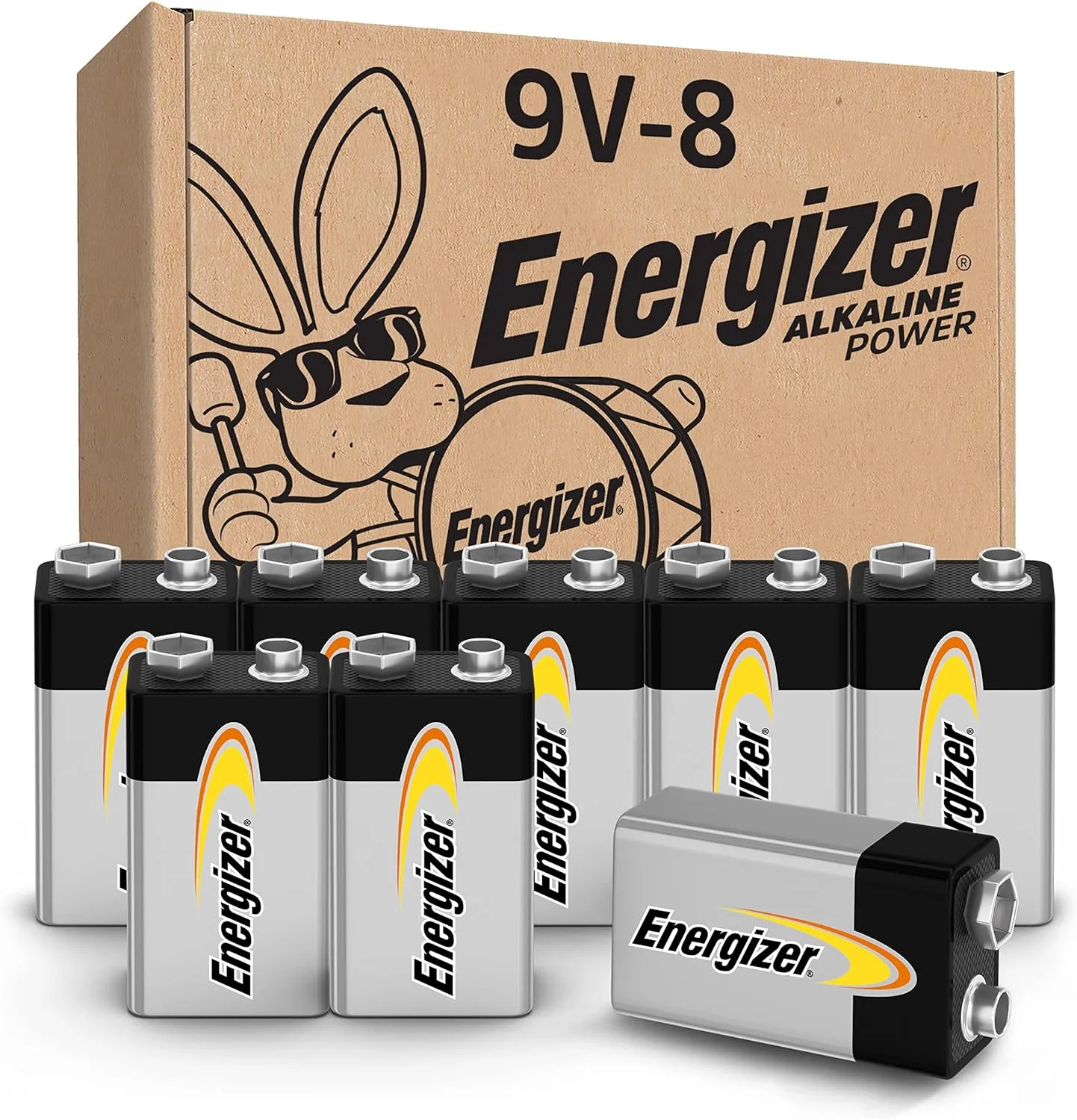 Energizer Alkaline Power 9 Volt Batteries (8 Pack), Long-Lasting Alkaline 9V Batteries