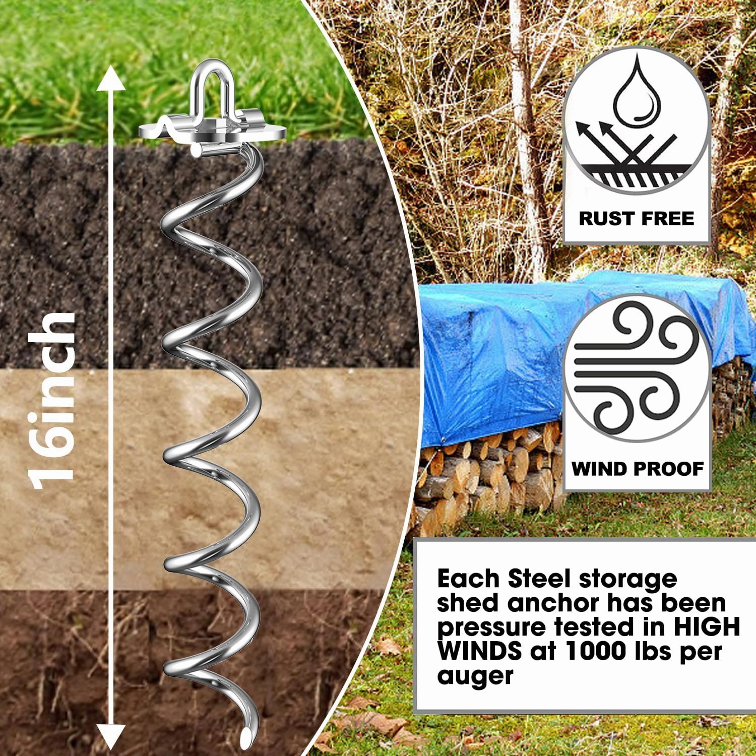 Eurmax USA 4-Pc Pack Spiral Stakes Heavy Duty Anchor Kit Ice Screw Anchor for Trampoline, Tents, tarps, Canopies,car Ports,Dog tie Out and etc Bonus Tie Down Straps 4-Pc Pack (Silver)