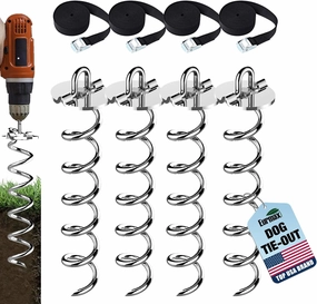 Eurmax USA 4-Pc Pack Spiral Stakes Heavy Duty Anchor Kit Ice Screw Anchor for Trampoline, Tents, tarps, Canopies,car Ports,Dog tie Out and etc Bonus Tie Down Straps 4-Pc Pack (Silver)