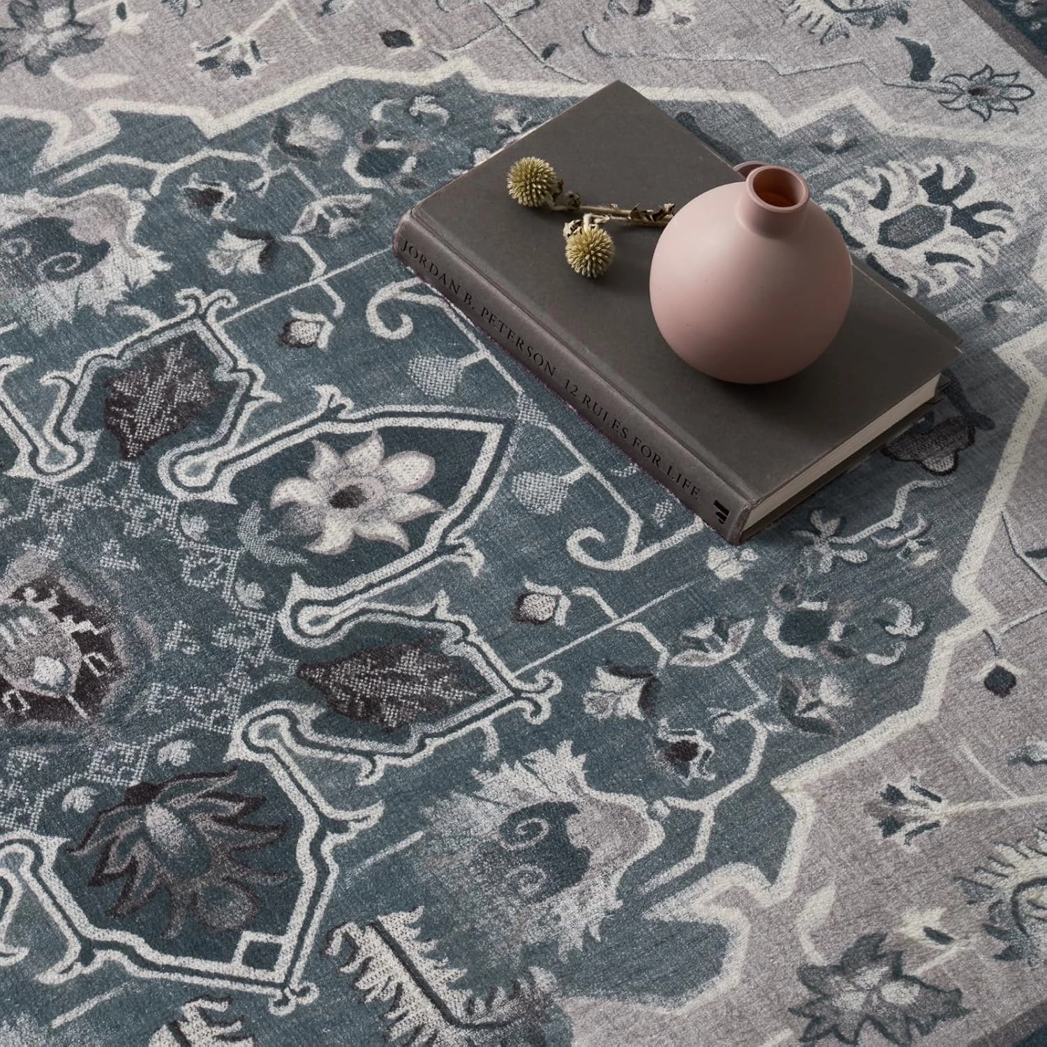 EVERGRACE Faux Wool Area Rugs 2'x 8' Boho Medallion Rugs for Living Room Indoor Outdoor Rugs for Bedroom Dining Room Entryway Kitchen Low Pile Washable Floor Mat Carpet, Steel Gray