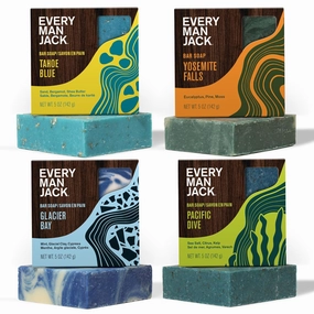 Every Man Jack Cold Plunge Mens Bar Soap Set - Deeply Cleans, Hydrates with Naturally Derived Ingredients - Iconic Cold Water Scents - Pacific Dive, Glacier Bay, Tahoe Blue, Yosemite Falls, 4 Bar Set