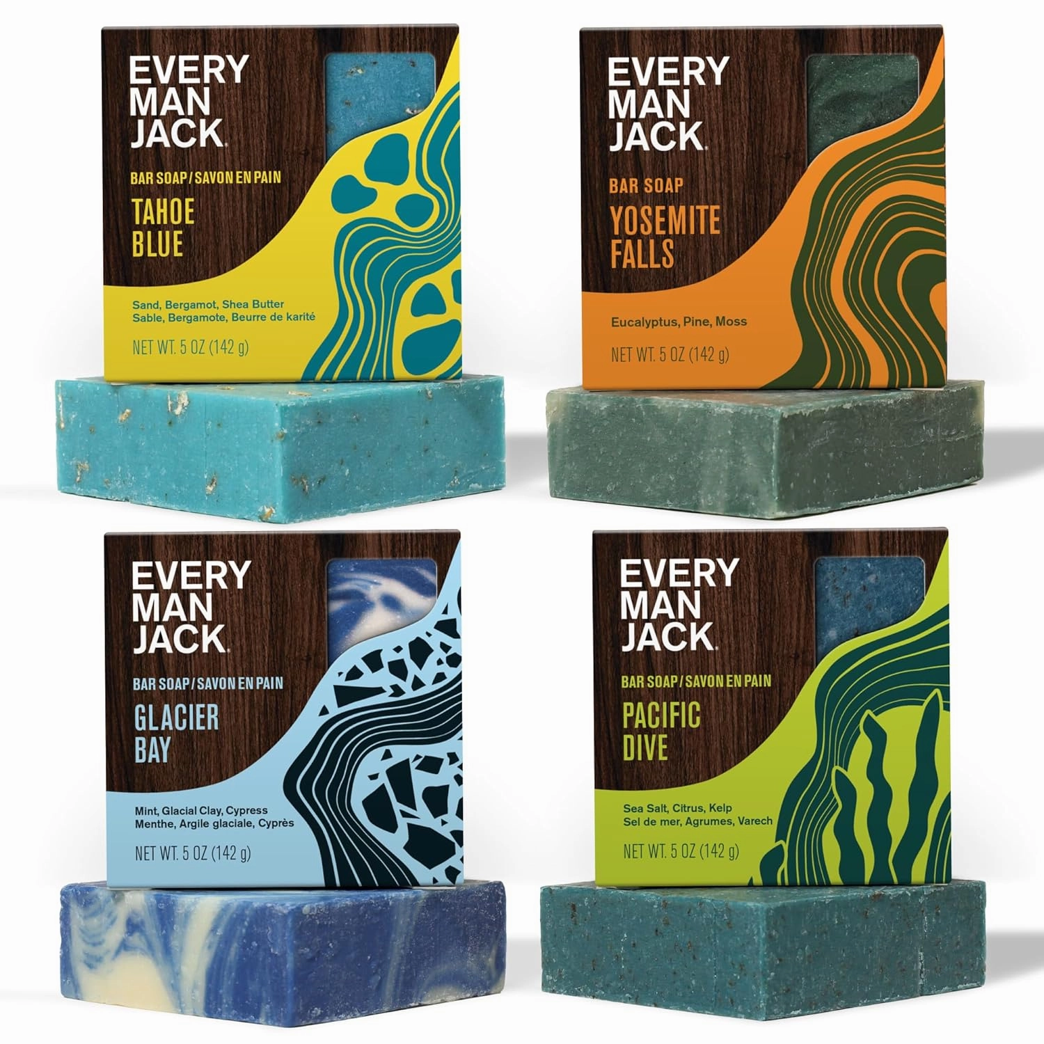Every Man Jack Cold Plunge Mens Bar Soap Set - Deeply Cleans, Hydrates with Naturally Derived Ingredients - Iconic Cold Water Scents - Pacific Dive, Glacier Bay, Tahoe Blue, Yosemite Falls, 4 Bar Set