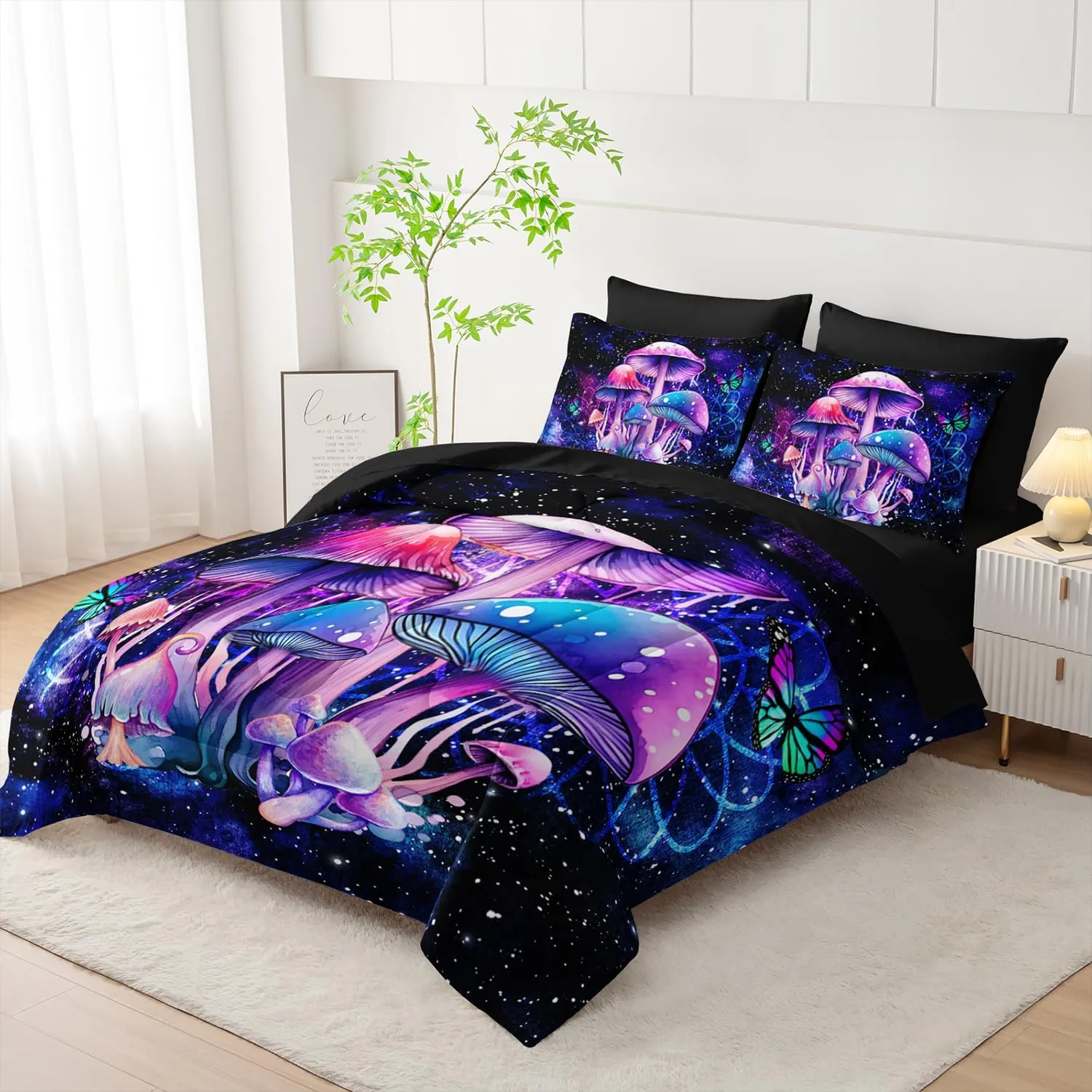 Fantasy Mushrooms Comforter Set Full,Galaxy Fantasy 7 Pieces Bedding Set for Teens Kids,Light Mushroom Bedding Set 7 Piece in A Bag，Mushroom Bed Comforters Bedding Sets for All Season