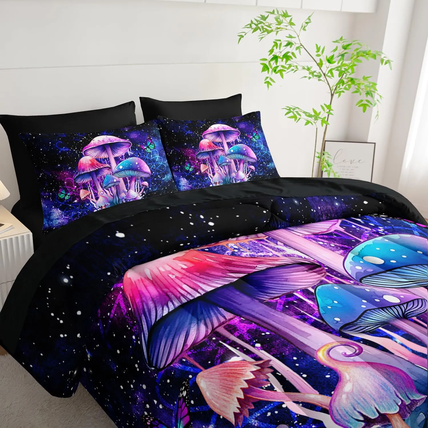 Fantasy Mushrooms Comforter Set Full,Galaxy Fantasy 7 Pieces Bedding Set for Teens Kids,Light Mushroom Bedding Set 7 Piece in A Bag，Mushroom Bed Comforters Bedding Sets for All Season