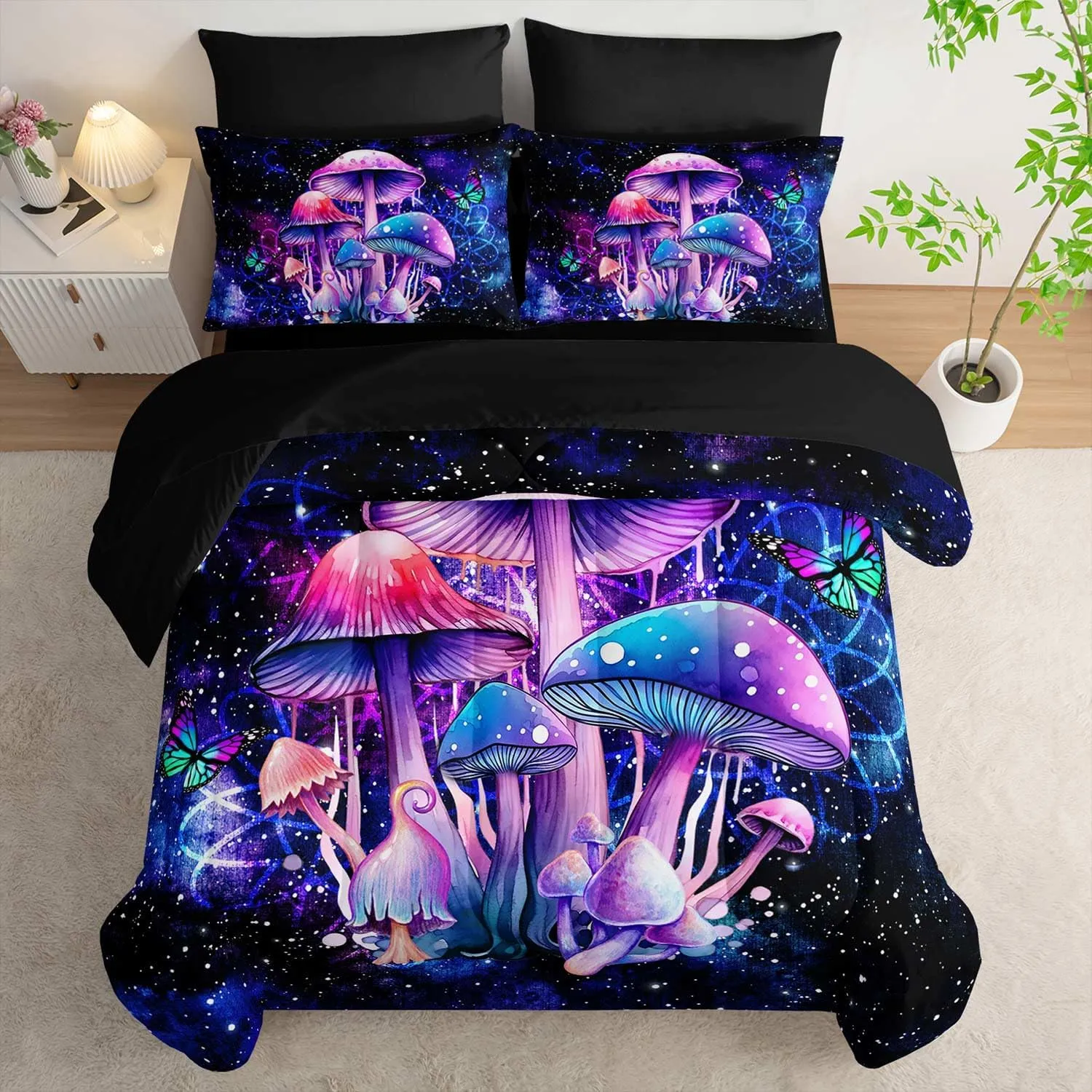 Fantasy Mushrooms Comforter Set Full,Galaxy Fantasy 7 Pieces Bedding Set for Teens Kids,Light Mushroom Bedding Set 7 Piece in A Bag，Mushroom Bed Comforters Bedding Sets for All Season