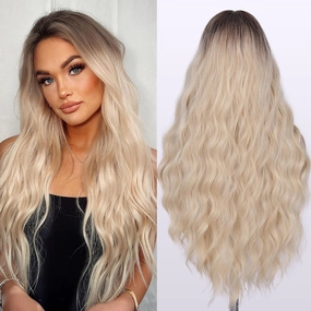 FAVE Long Blonde Wig Natural Ombre Blonde Wavy Wigs Middle Part Blond Wig with Natural Gradient Roots Daily Wigs for White Women