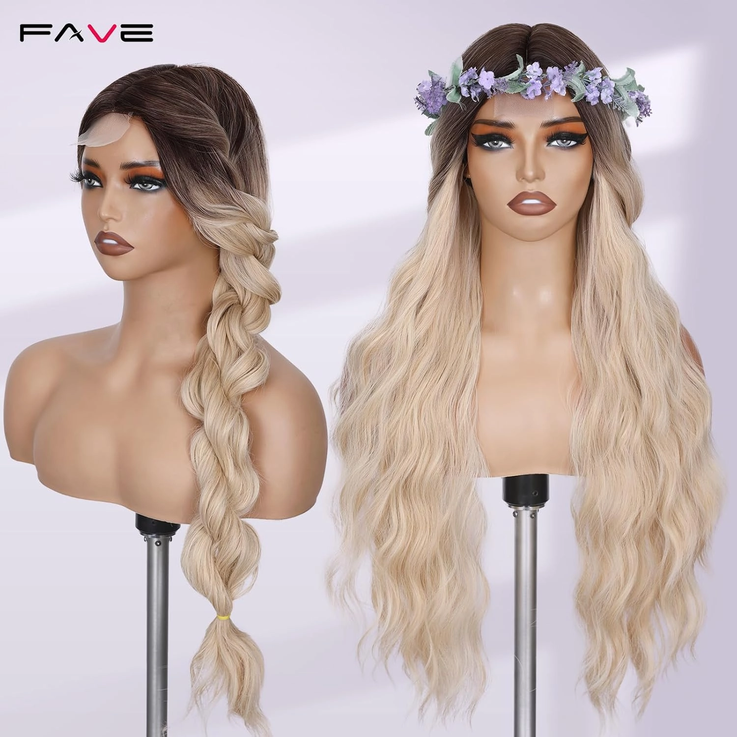 FAVE Long Blonde Wig Natural Ombre Blonde Wavy Wigs Middle Part Blond Wig with Natural Gradient Roots Daily Wigs for White Women