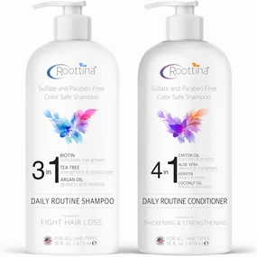 Fights Hair Loss – Roottina Daily Routine Shampoo and Conditioner for Women Hair Loss with DHT Blocker, Formulated for Thinning Hair & Hair Growth Support, Infused with Natural Oils (16 fl oz x 2)