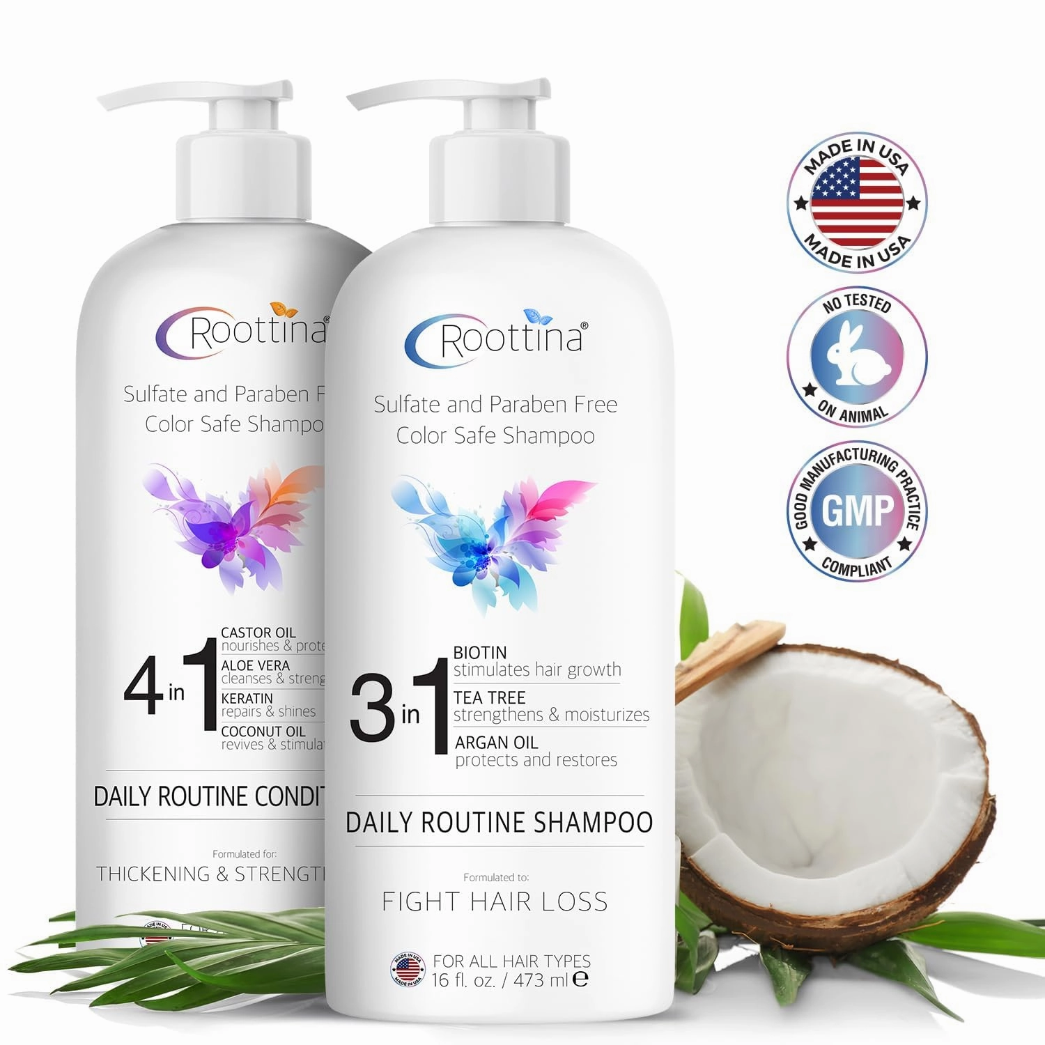 Fights Hair Loss – Roottina Daily Routine Shampoo and Conditioner for Women Hair Loss with DHT Blocker, Formulated for Thinning Hair & Hair Growth Support, Infused with Natural Oils (16 fl oz x 2)