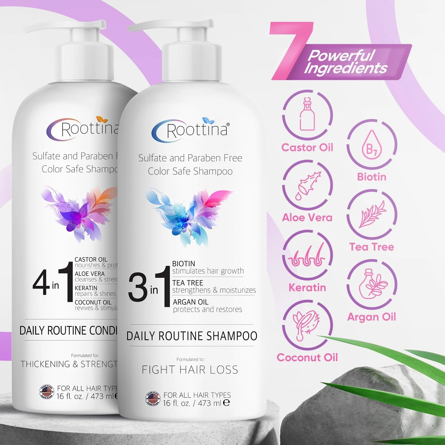 Fights Hair Loss – Roottina Daily Routine Shampoo and Conditioner for Women Hair Loss with DHT Blocker, Formulated for Thinning Hair & Hair Growth Support, Infused with Natural Oils (16 fl oz x 2)