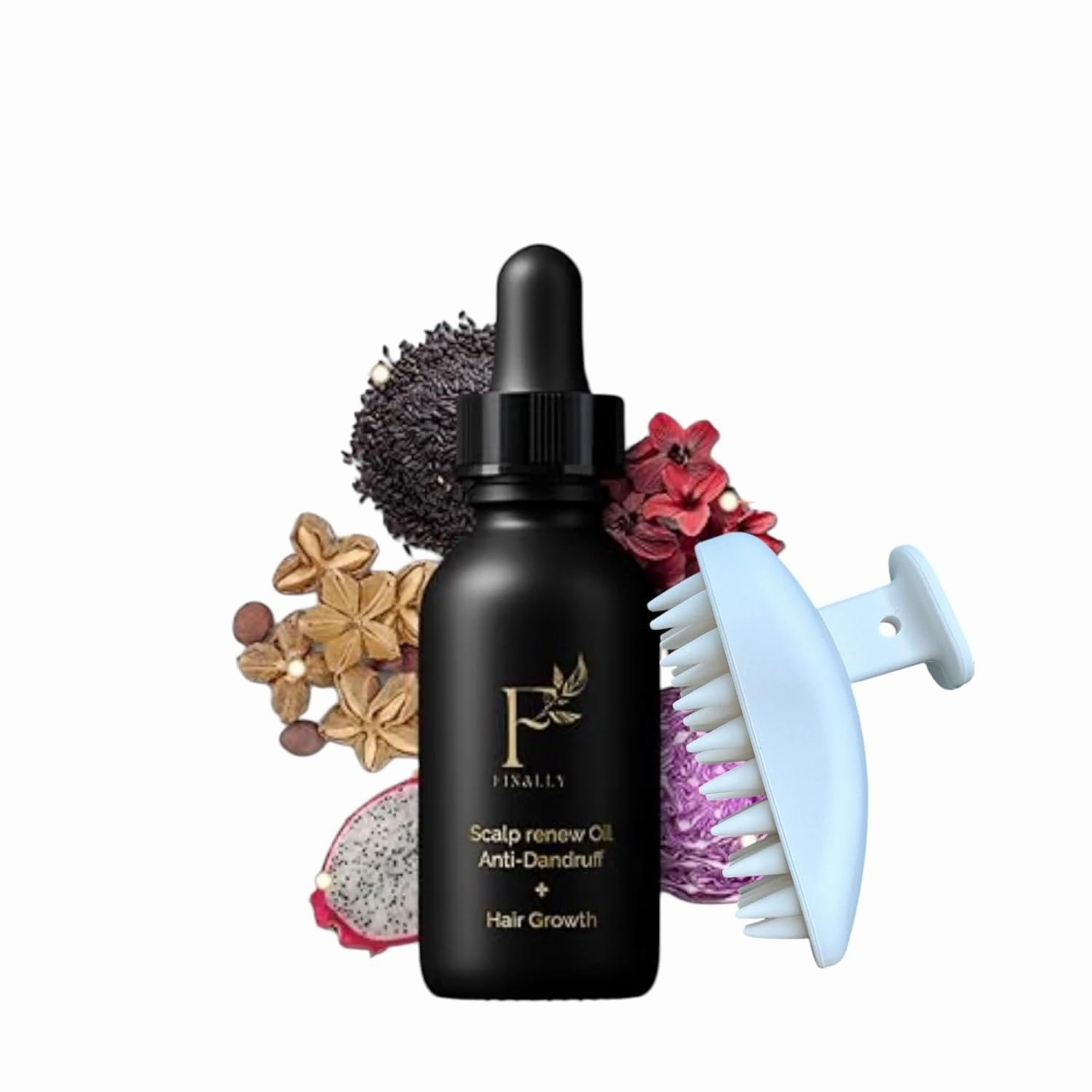 Finally Natural Scalp Oil & Brush Set for Fuller Hair & Healthier Scalp. Hair Growth & Dandruff Relief – Soothes Itchy Dry Scalp, Hair Loss Treatment w/Amino Acids & Vitamins, Hair Strengthening