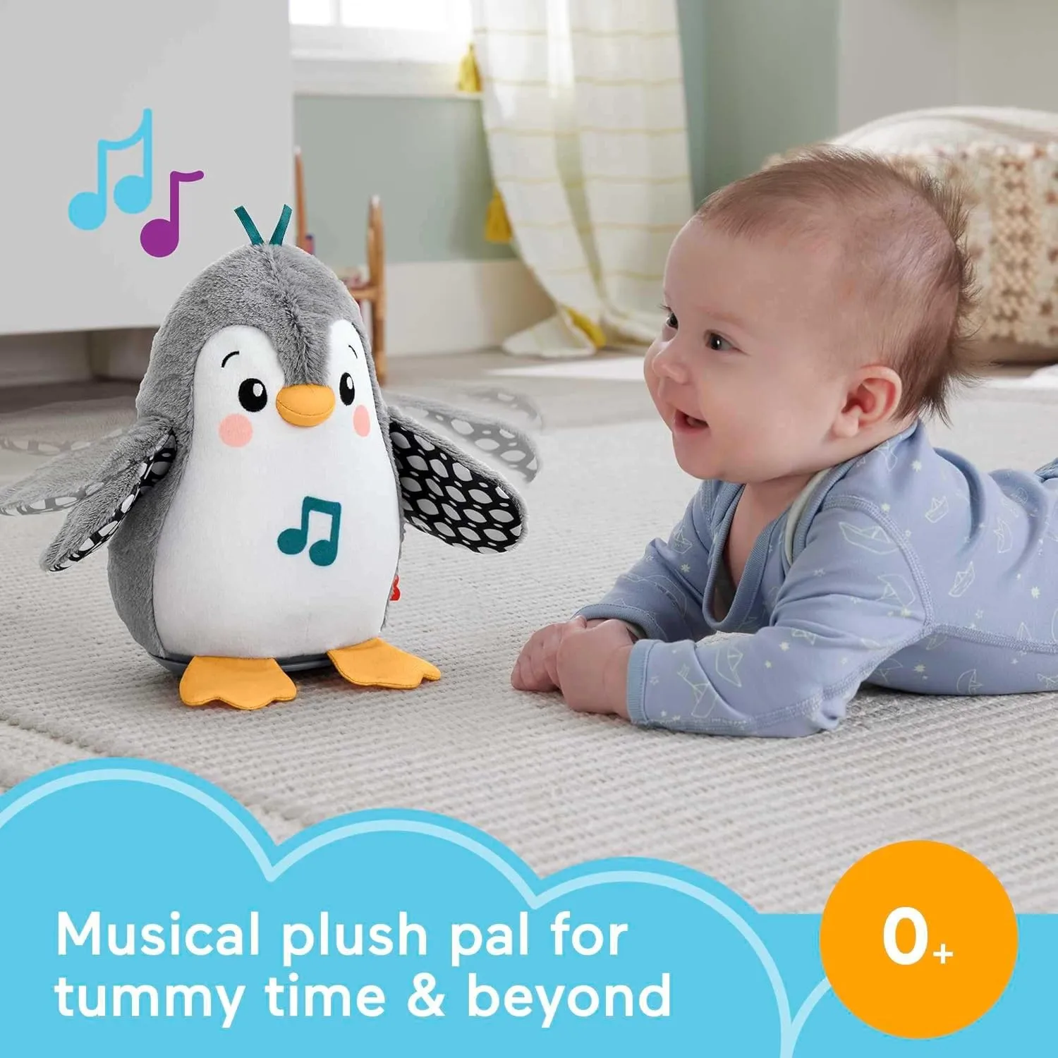 Fisher-Price Baby Tummy Time Toy Flap & Wobble Penguin, Plush with Music & Motion for Sensory Play Newborns Ages 0  Months