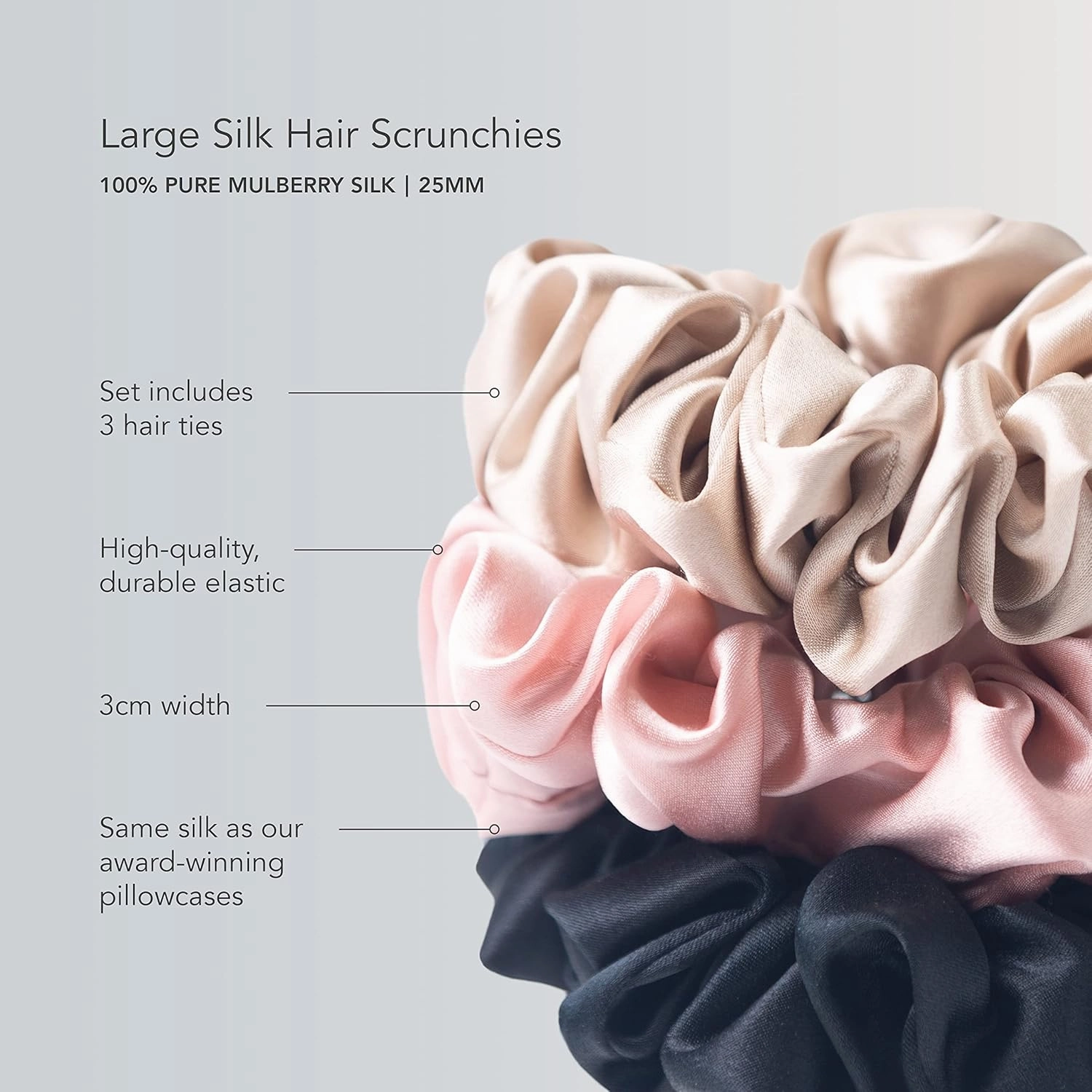 Fishers Finery 25 Momme Pure Mulberry Silk Large Scrunchies - Hair Tie Set, Gentle and Prevents Breakage (Taupe|Chocolate|Black- 3 PK)