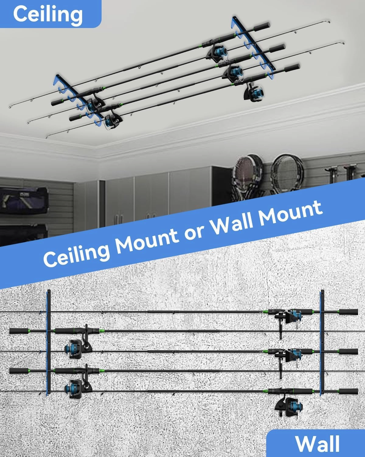 Fishing Pole Holders - 10 Rod Holder Storage for Wall & Garage, Fits Most Rods