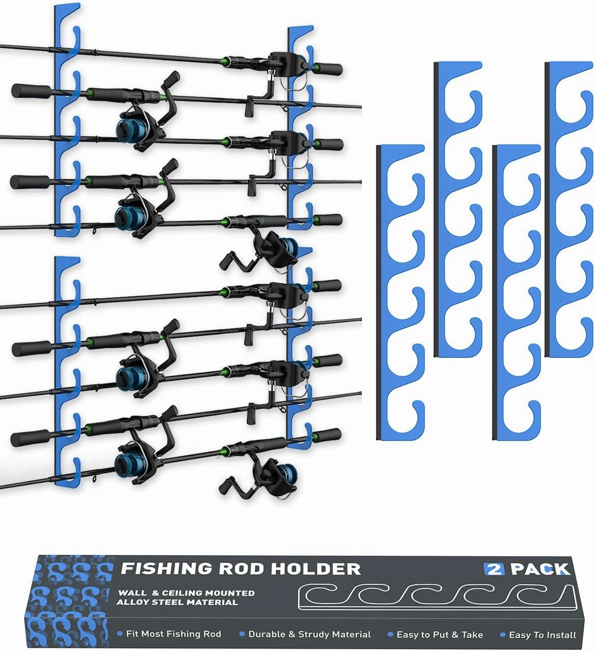 Fishing Pole Holders - 10 Rod Holder Storage for Wall & Garage, Fits Most Rods