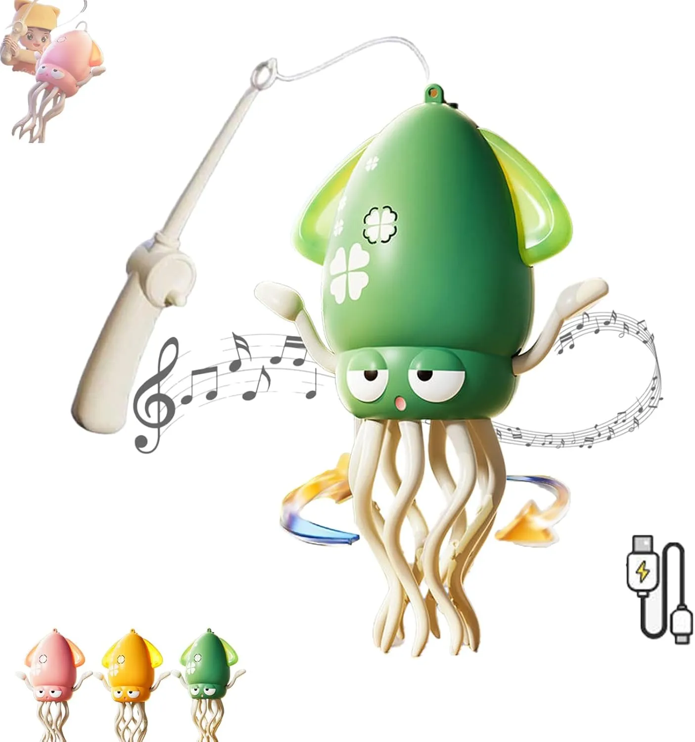 Floor GamesWiggly Wonder Octopus, Electric Dancing Smart Tentacle Explorer, Automatic Obstacle Avoidance Dancing Electric Squid Toy, with LED Lights & Music, Dancing Toys with Fishing Rod (Green)