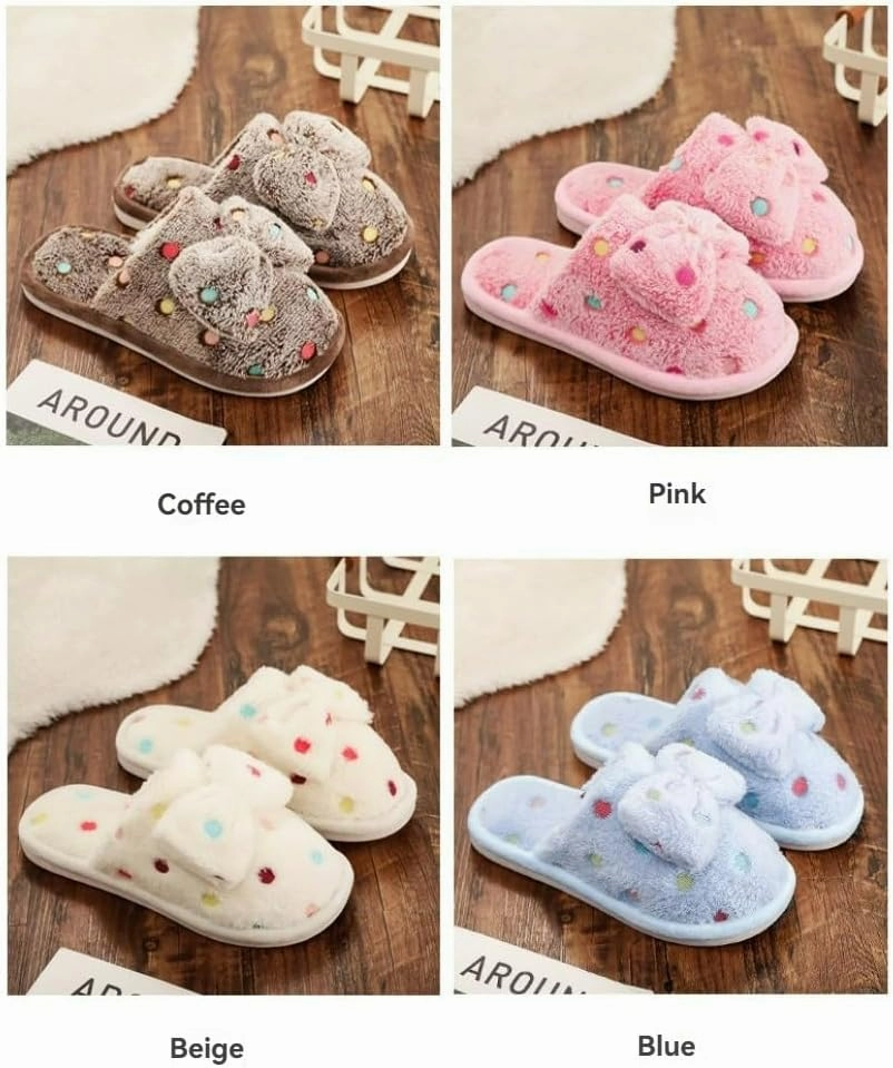 Fluffy Women Slippers Multi-Color Polka Dot Bow Warm Cozy Winter House Shoes Anti-Slip and Plush