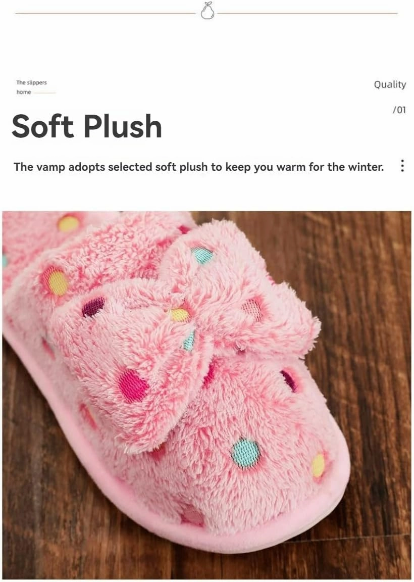Fluffy Women Slippers Multi-Color Polka Dot Bow Warm Cozy Winter House Shoes Anti-Slip and Plush