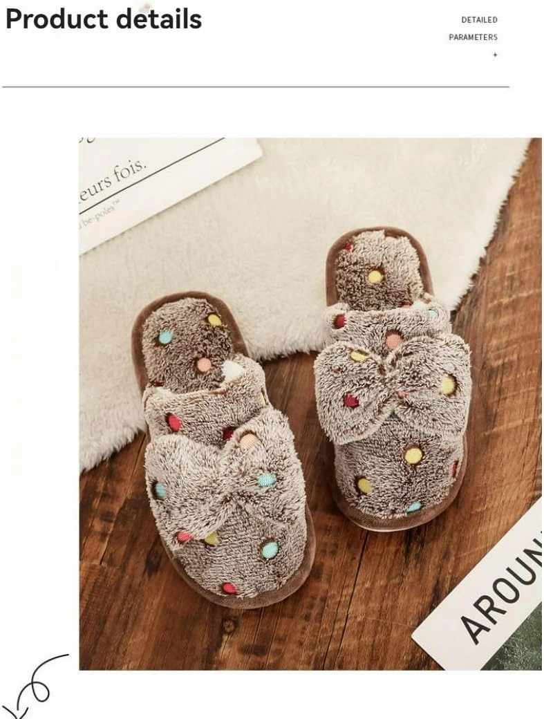 Fluffy Women Slippers Multi-Color Polka Dot Bow Warm Cozy Winter House Shoes Anti-Slip and Plush