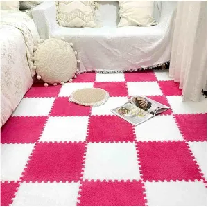 Foam Play Mat,80pcs 30cm Plush Interlocking Carpet Tiles,Soft Fluffy Foam Mat Tiles Set with Edges,Puzzle Carpet Square for Floor Protection(Color:Rose Red   White)