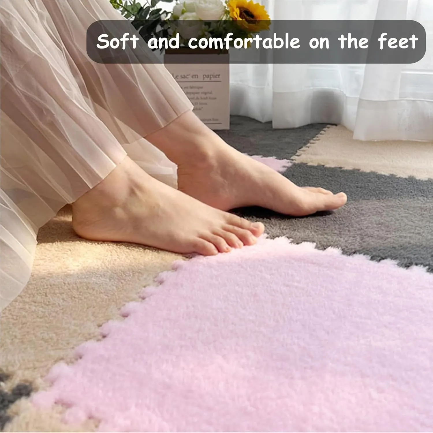 Foam Play Mat,80pcs 30cm Plush Interlocking Carpet Tiles,Soft Fluffy Foam Mat Tiles Set with Edges,Puzzle Carpet Square for Floor Protection(Color:Rose Red   White)