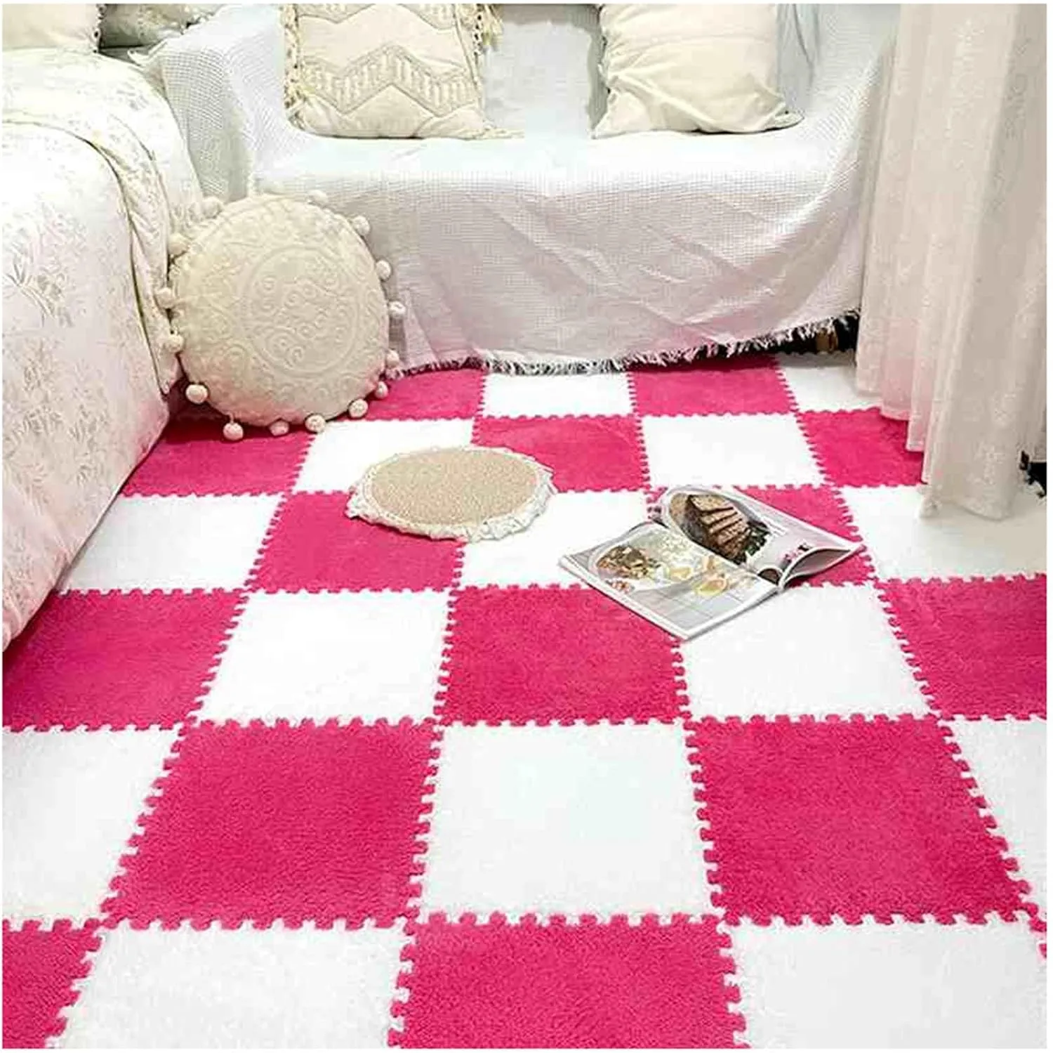 Foam Play Mat,80pcs 30cm Plush Interlocking Carpet Tiles,Soft Fluffy Foam Mat Tiles Set with Edges,Puzzle Carpet Square for Floor Protection(Color:Rose Red   White)