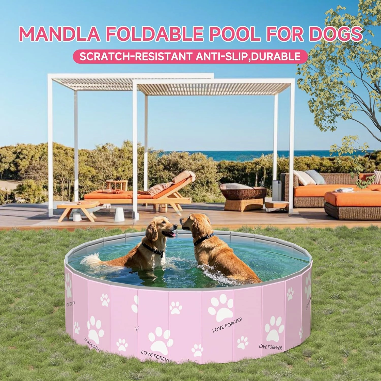 Foldable Dog Pool,Hard Plastic Kiddie Pool for Kids,Foldable Pools for Pet Bathing,Portable PVC Dog Bathtub Outdoor Kids Swimming Pool for Pets Indoor(Pink Foot,32x12in)