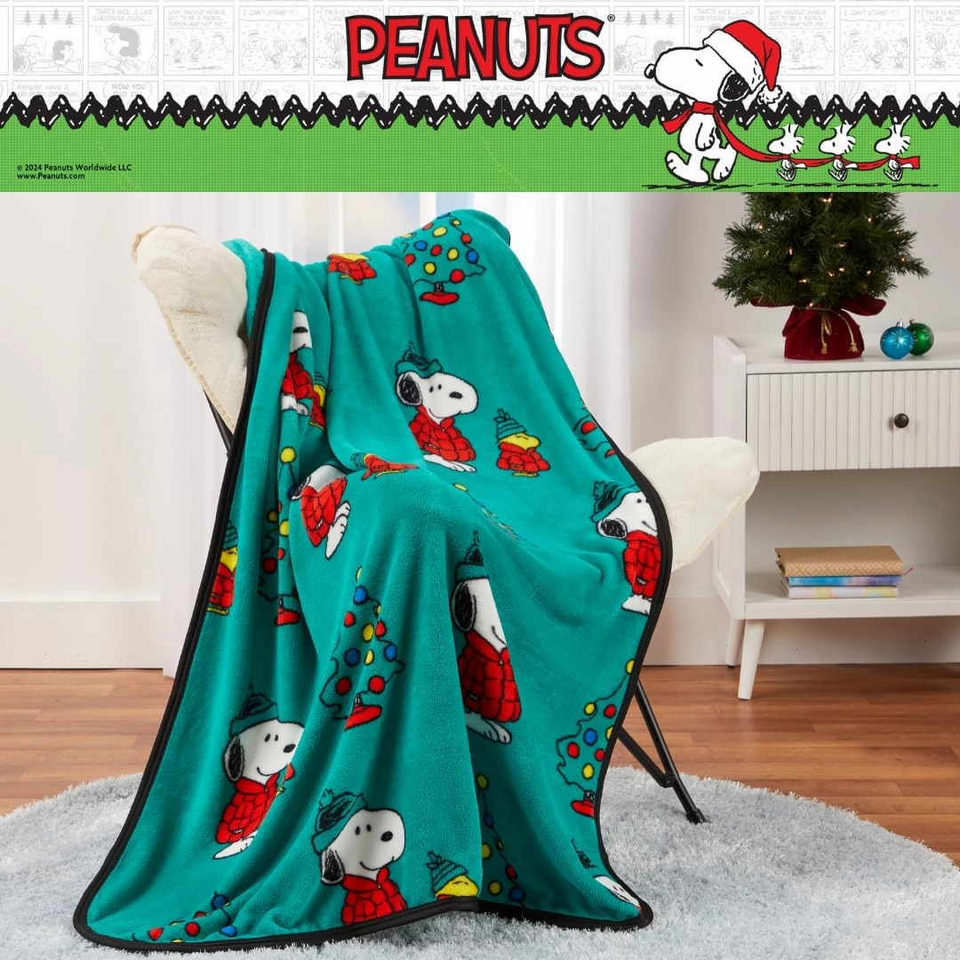 Franco Collectibles® Peanuts® Snoopy & Woodstock Puffer Coat Holiday Christmas Super Soft Cozy Plush Throw, 40 in x 50 in, (Officially Licensed Product)