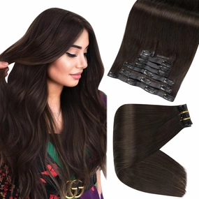 Full Shine Seamless Clip in Hair Extensions Darkest Brown Human Hair Straight 12 Inch & 16 Inch Total 8 Pieces