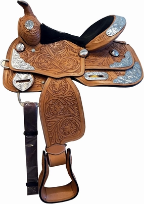 Fully Tooled Super Silver Show Western Pony Horse Trail Saddle 10" 11" 12" Medium Oil Color Leather w/Black seat