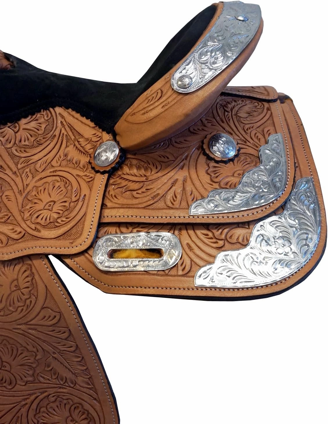 Fully Tooled Super Silver Show Western Pony Horse Trail Saddle 10" 11" 12" Medium Oil Color Leather w/Black seat