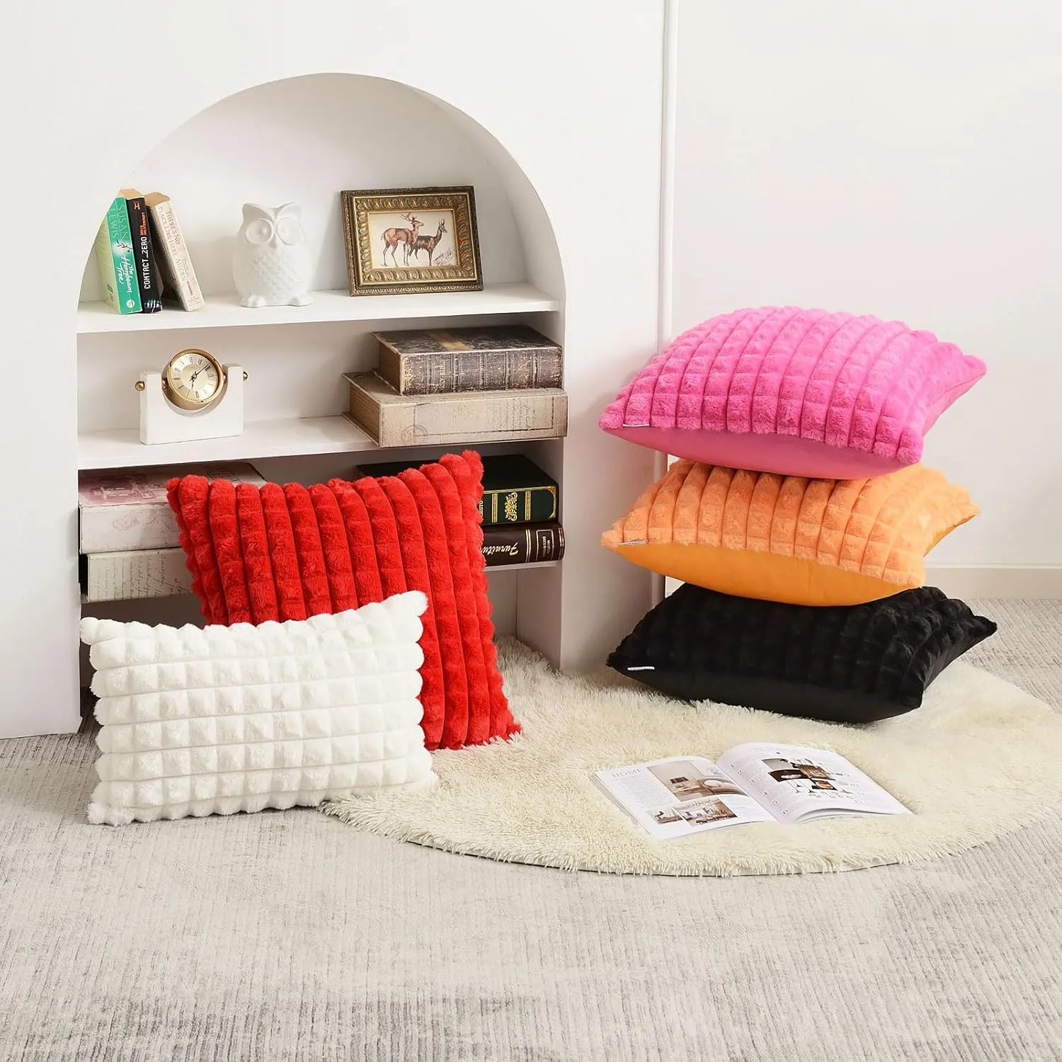 FUTEI Burnt Orange Decorative Throw Pillow Covers 18x18 Inch Set of 2,Square Cushion Case,Fluffy Faux Rabbit Fur Plaid & Soft Velvet Back,Modern Home Decor for Couch Bed