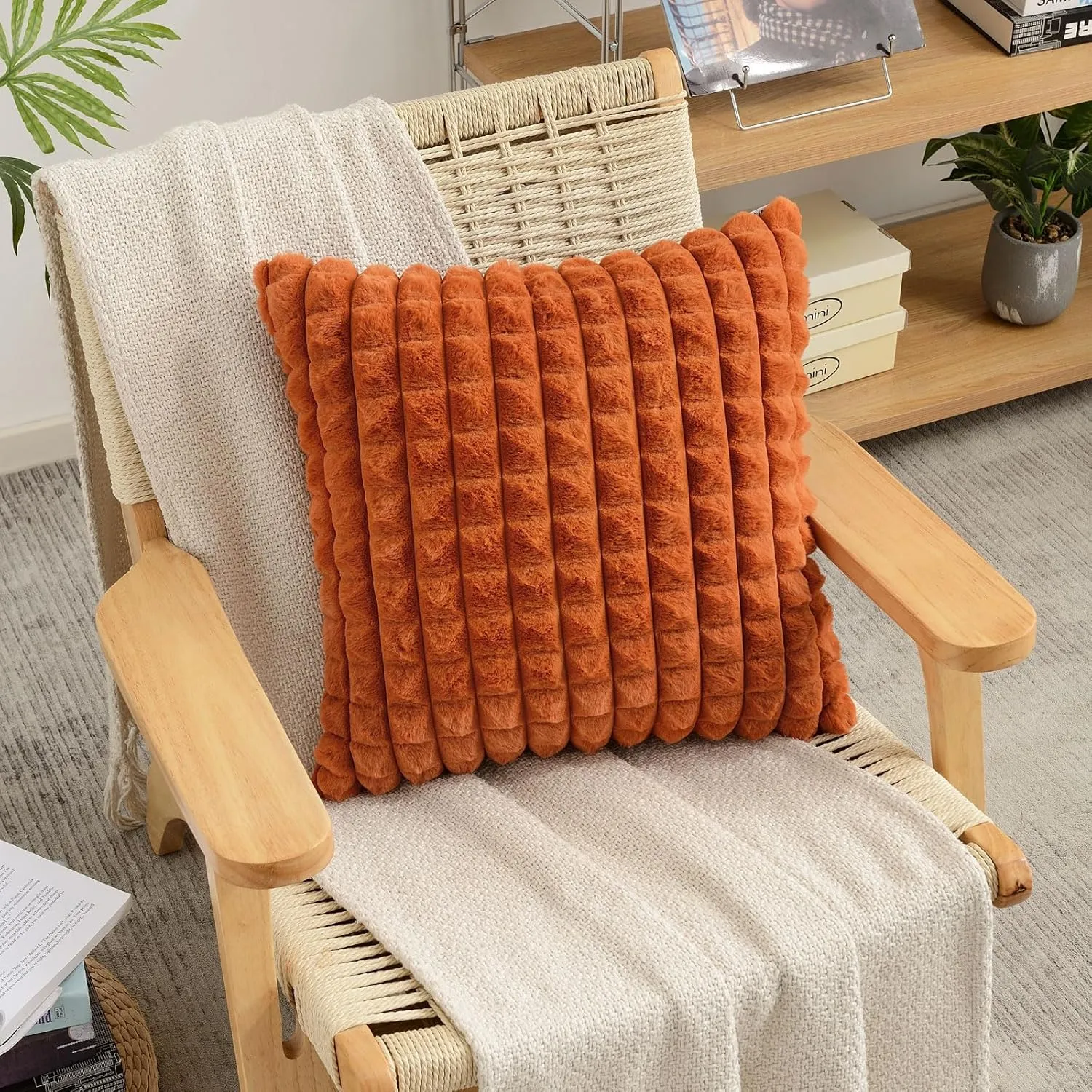FUTEI Burnt Orange Decorative Throw Pillow Covers 18x18 Inch Set of 2,Square Cushion Case,Fluffy Faux Rabbit Fur Plaid & Soft Velvet Back,Modern Home Decor for Couch Bed