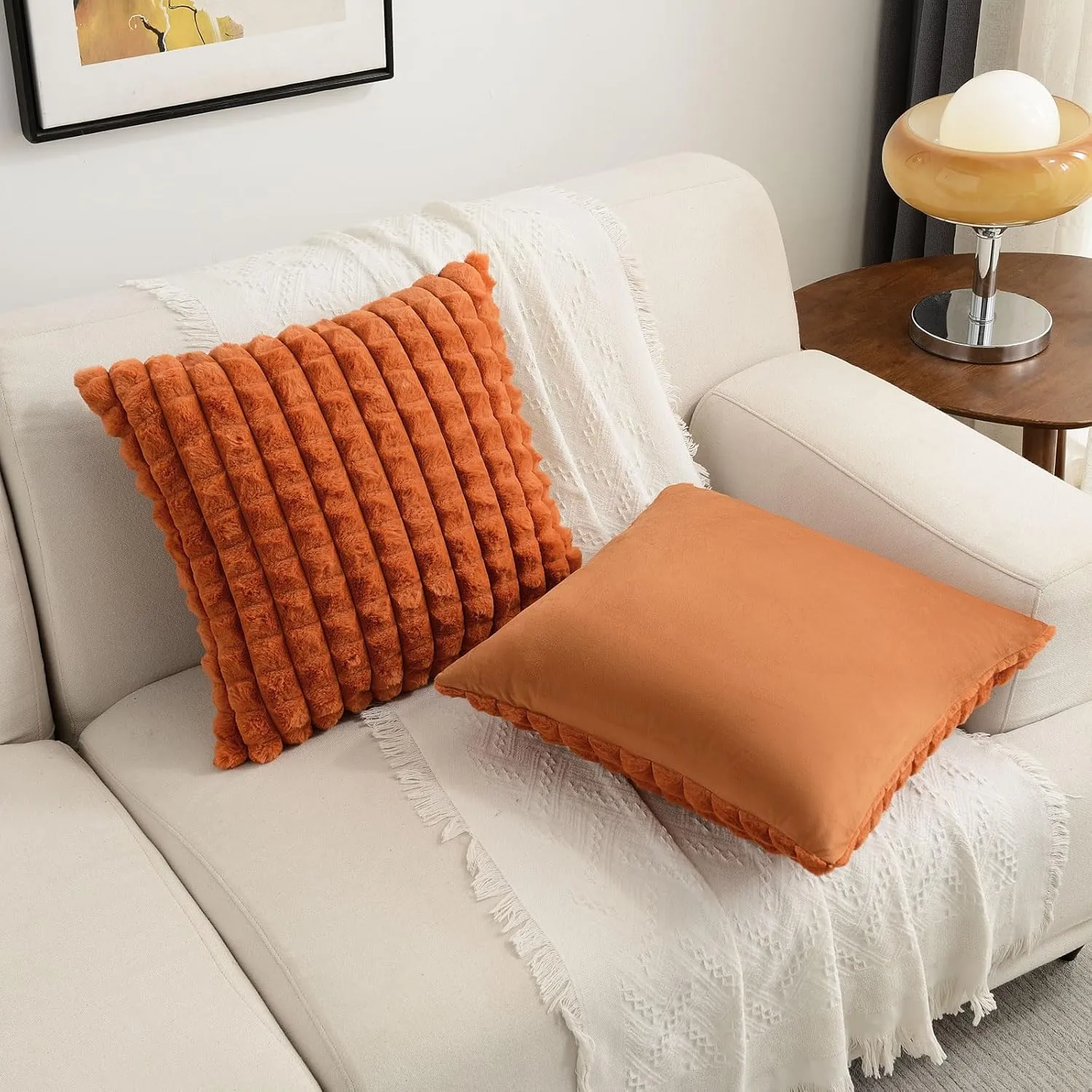FUTEI Burnt Orange Decorative Throw Pillow Covers 18x18 Inch Set of 2,Square Cushion Case,Fluffy Faux Rabbit Fur Plaid & Soft Velvet Back,Modern Home Decor for Couch Bed