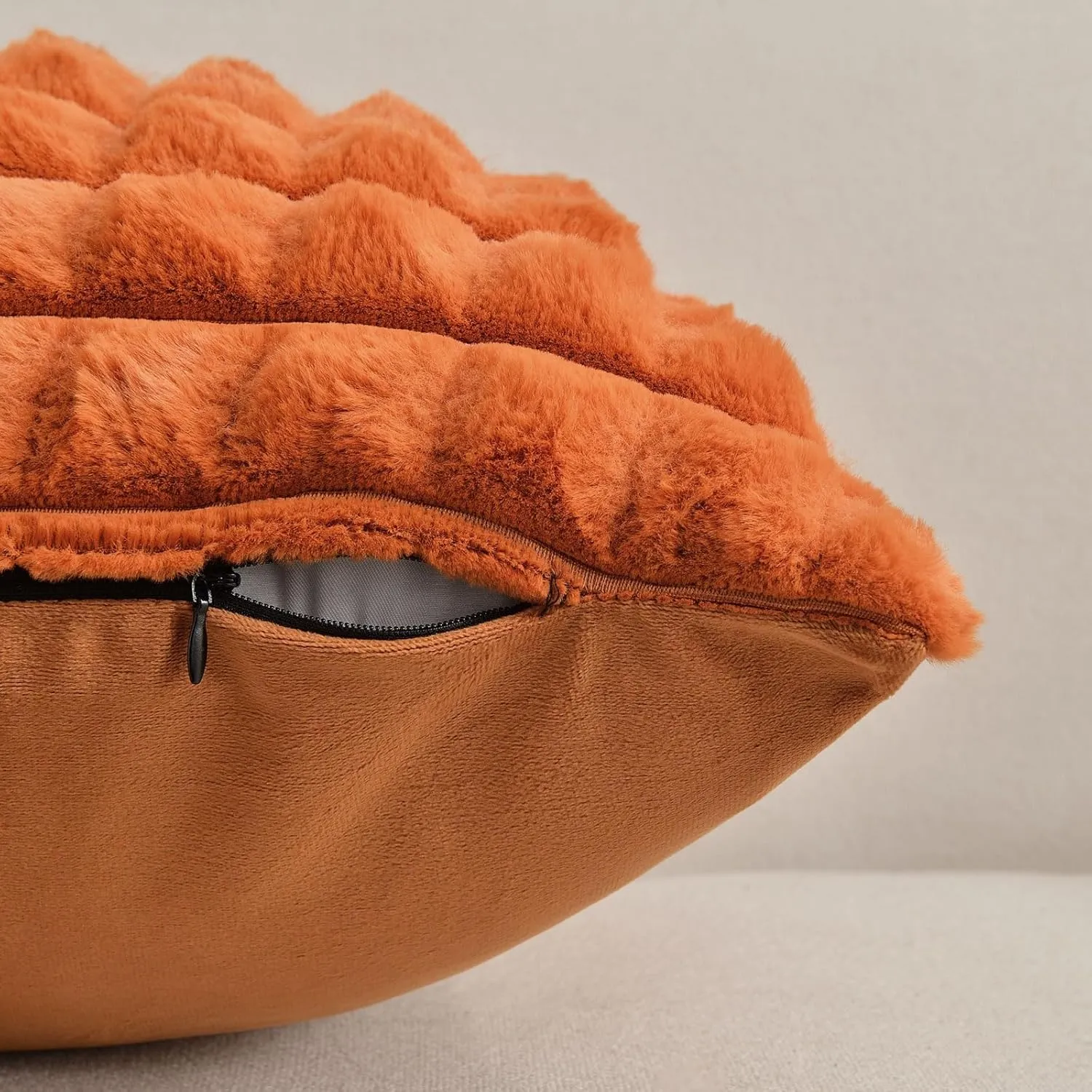 FUTEI Burnt Orange Decorative Throw Pillow Covers 18x18 Inch Set of 2,Square Cushion Case,Fluffy Faux Rabbit Fur Plaid & Soft Velvet Back,Modern Home Decor for Couch Bed