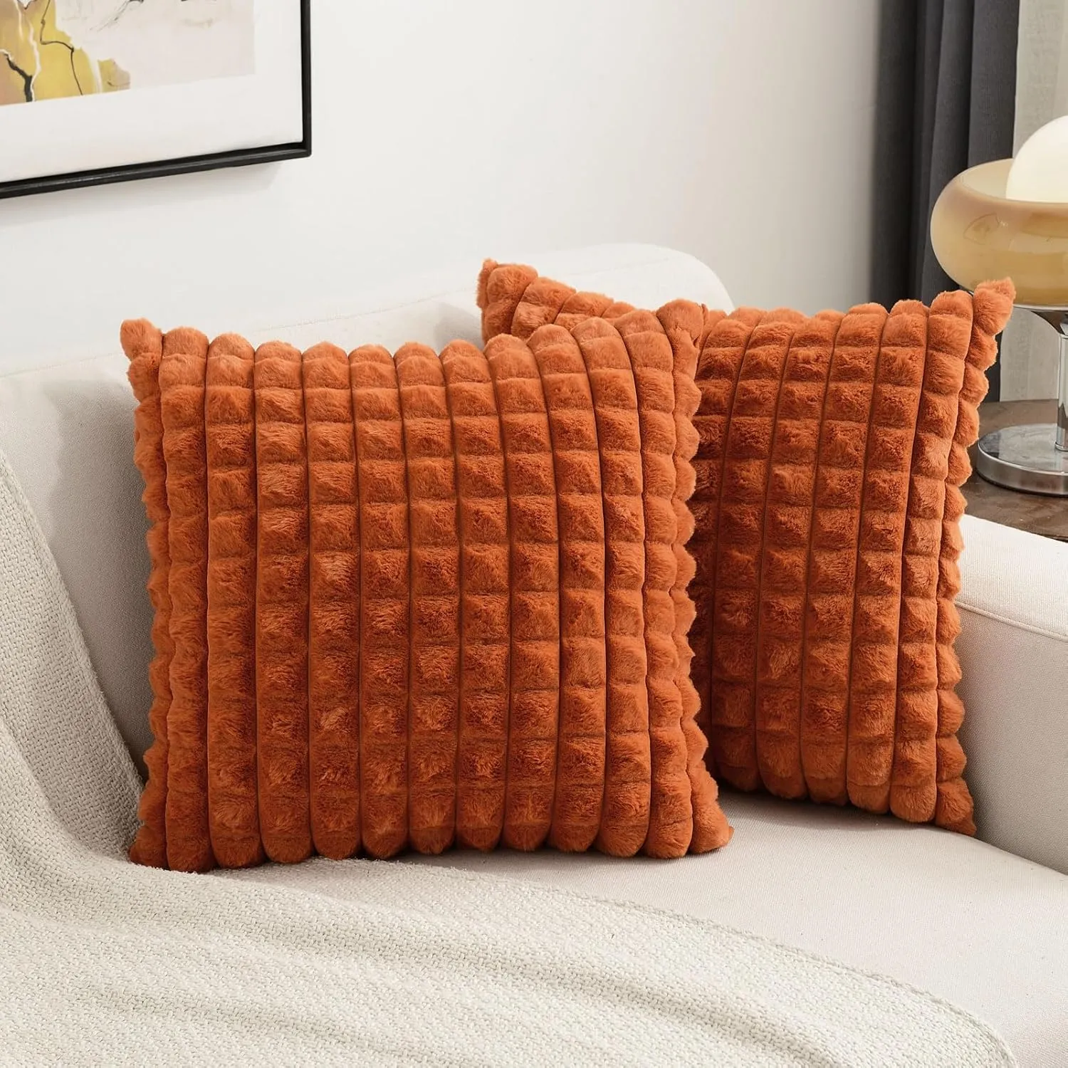FUTEI Burnt Orange Decorative Throw Pillow Covers 18x18 Inch Set of 2,Square Cushion Case,Fluffy Faux Rabbit Fur Plaid & Soft Velvet Back,Modern Home Decor for Couch Bed