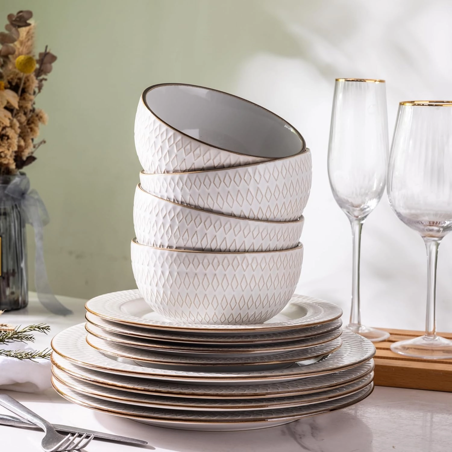 GBHOME Ceramic Dinnerware Sets,12 pcs Embossed Elegant Stoneware Plates and Bowls Sets, Housewarming Wedding Gift | Dishwasher & Microwave Safe | Dishes Set Service for 4