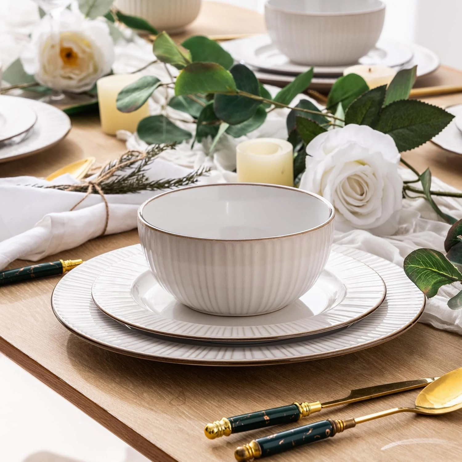 GBHOME Ceramic Dinnerware Sets,12 pcs Embossed Elegant Stoneware Plates and Bowls Sets, Housewarming Wedding Gift | Dishwasher & Microwave Safe | Dishes Set Service for 4
