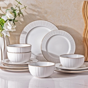 GBHOME Ceramic Dinnerware Sets,12 pcs Embossed Elegant Stoneware Plates and Bowls Sets, Housewarming Wedding Gift | Dishwasher & Microwave Safe | Dishes Set Service for 4