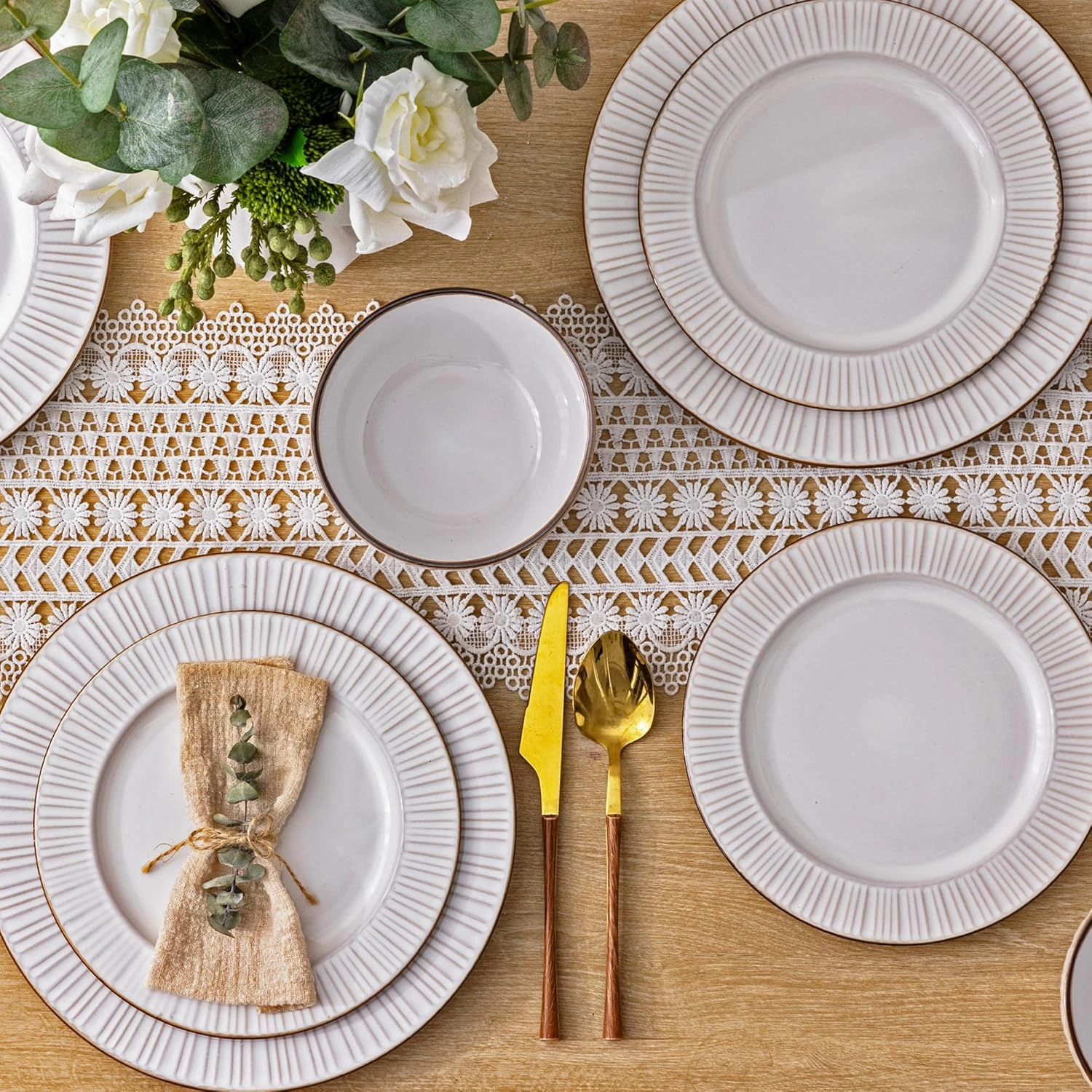 GBHOME Ceramic Dinnerware Sets,12 pcs Embossed Elegant Stoneware Plates and Bowls Sets, Housewarming Wedding Gift | Dishwasher & Microwave Safe | Dishes Set Service for 4