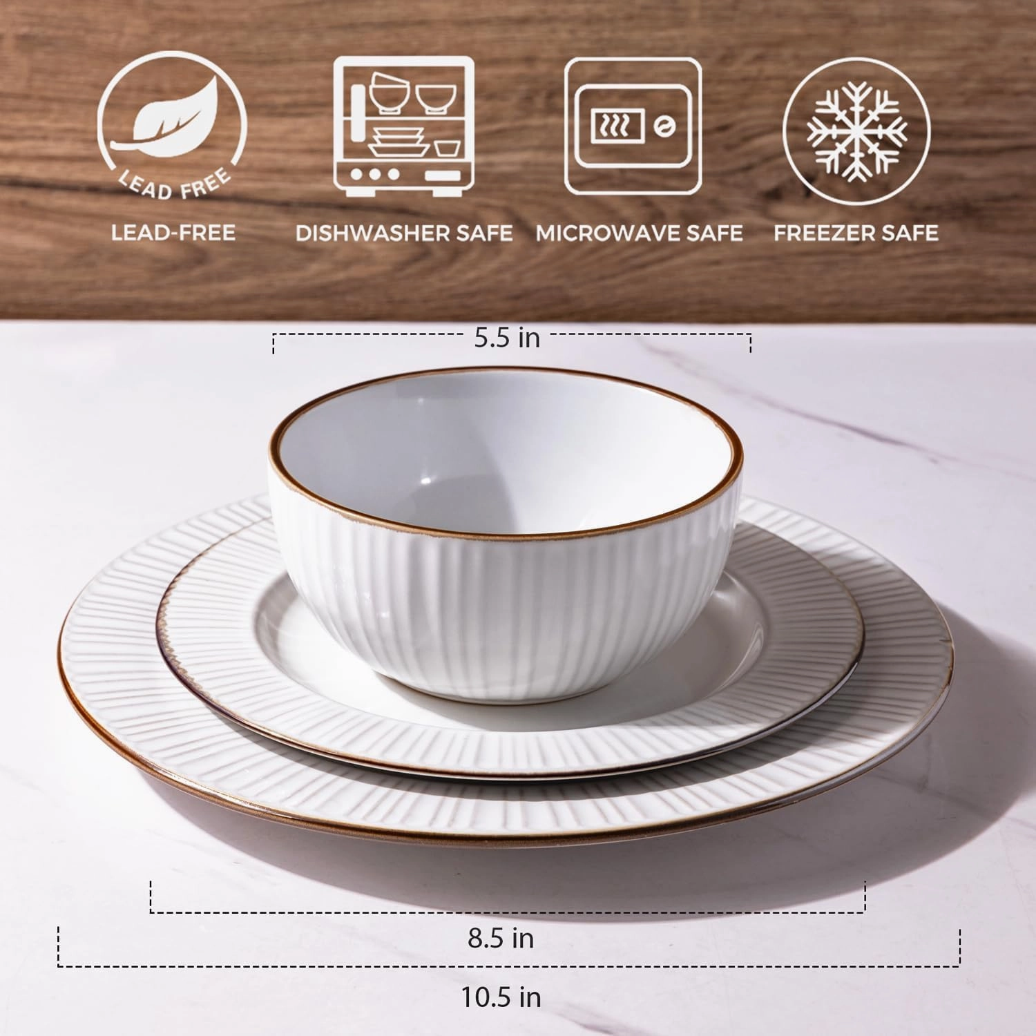 GBHOME Ceramic Dinnerware Sets,12 pcs Embossed Elegant Stoneware Plates and Bowls Sets, Housewarming Wedding Gift | Dishwasher & Microwave Safe | Dishes Set Service for 4