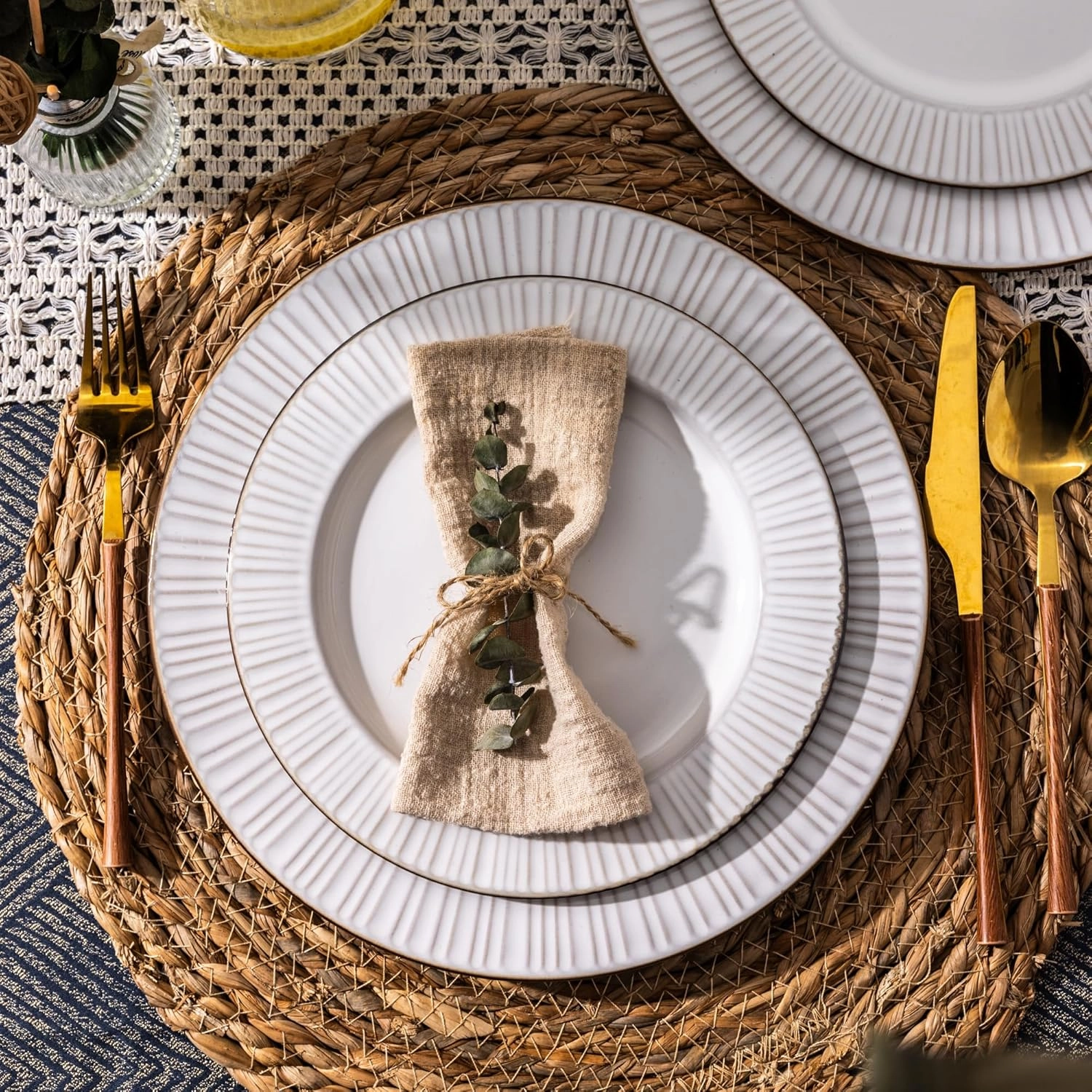 GBHOME Ceramic Dinnerware Sets,12 pcs Embossed Elegant Stoneware Plates and Bowls Sets, Housewarming Wedding Gift | Dishwasher & Microwave Safe | Dishes Set Service for 4