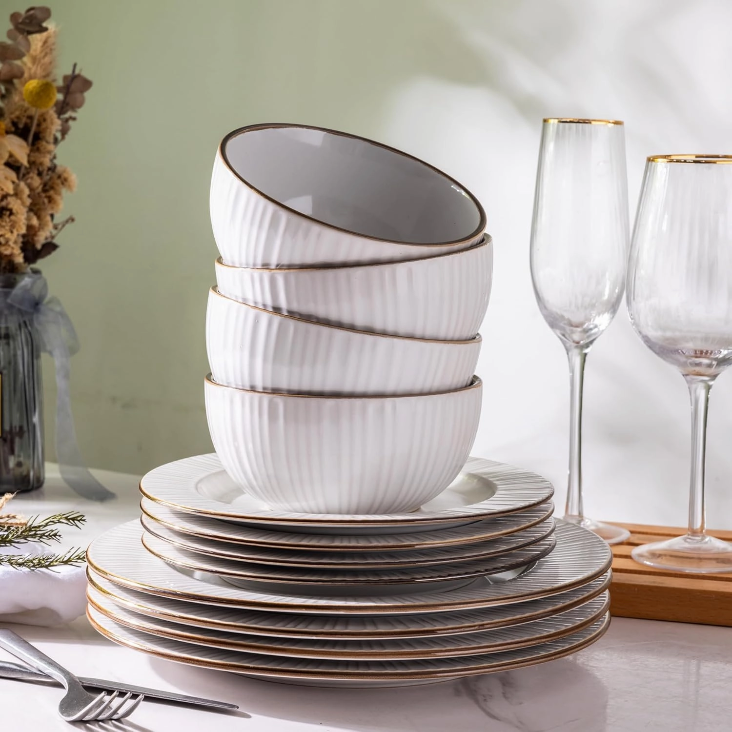 GBHOME Ceramic Dinnerware Sets,12 pcs Embossed Elegant Stoneware Plates and Bowls Sets, Housewarming Wedding Gift | Dishwasher & Microwave Safe | Dishes Set Service for 4