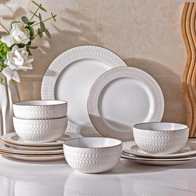GBHOME Ceramic Dinnerware Sets,12 pcs Embossed Elegant Stoneware Plates and Bowls Sets, Housewarming Wedding Gift | Dishwasher & Microwave Safe | Dishes Set Service for 4