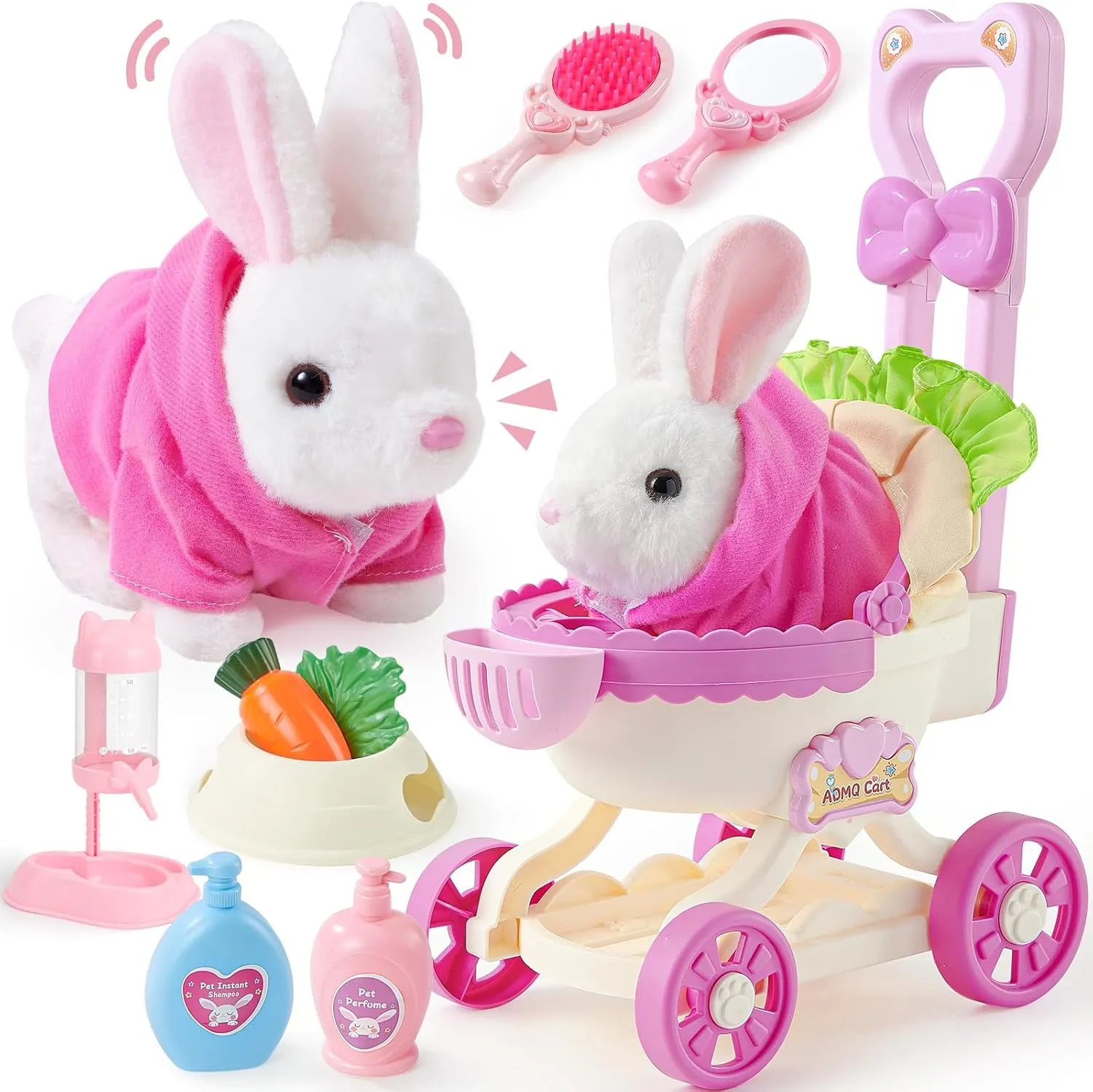 G.C Kids Bunny Toys Rabbit Plush with Stroller, Hopping Walking Electronic Interactive Stuffed Animal Accessories Pretend Play Pet Care Playset Gifts for Girls Toddlers 3 4 5 6  Year Old